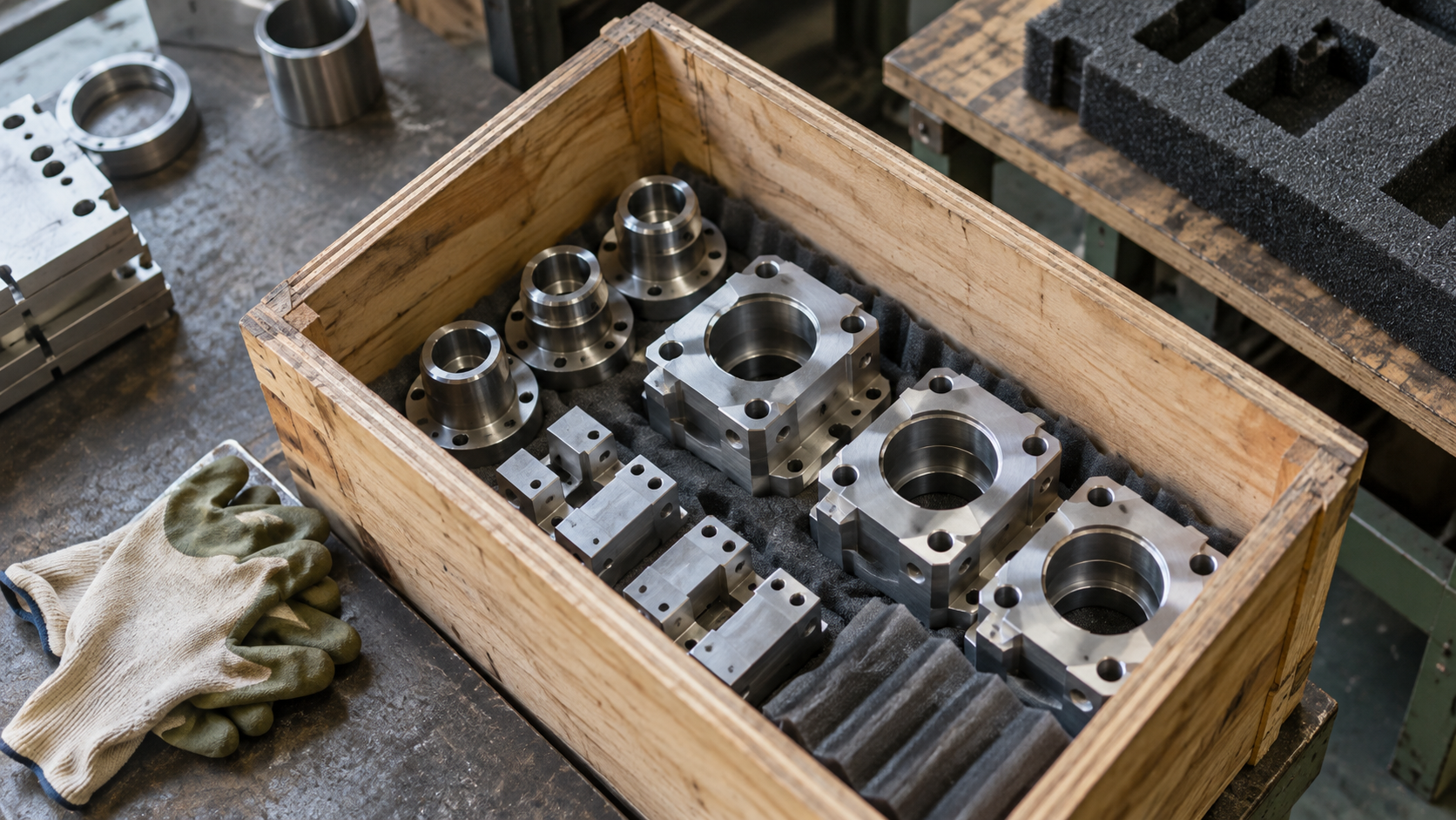Machined metal parts rest in a foam-lined wooden crate at an unbranded workshop packing station.