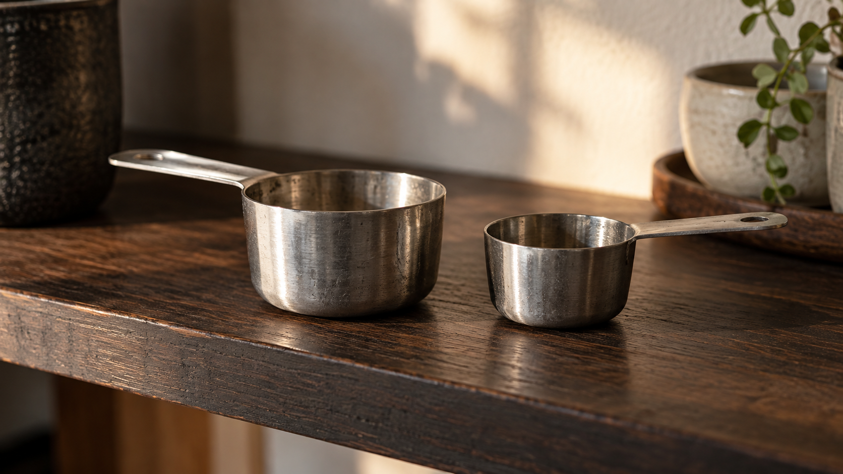 Two different-sized unmarked metal measuring scoops rest on a weathered wooden shelf.