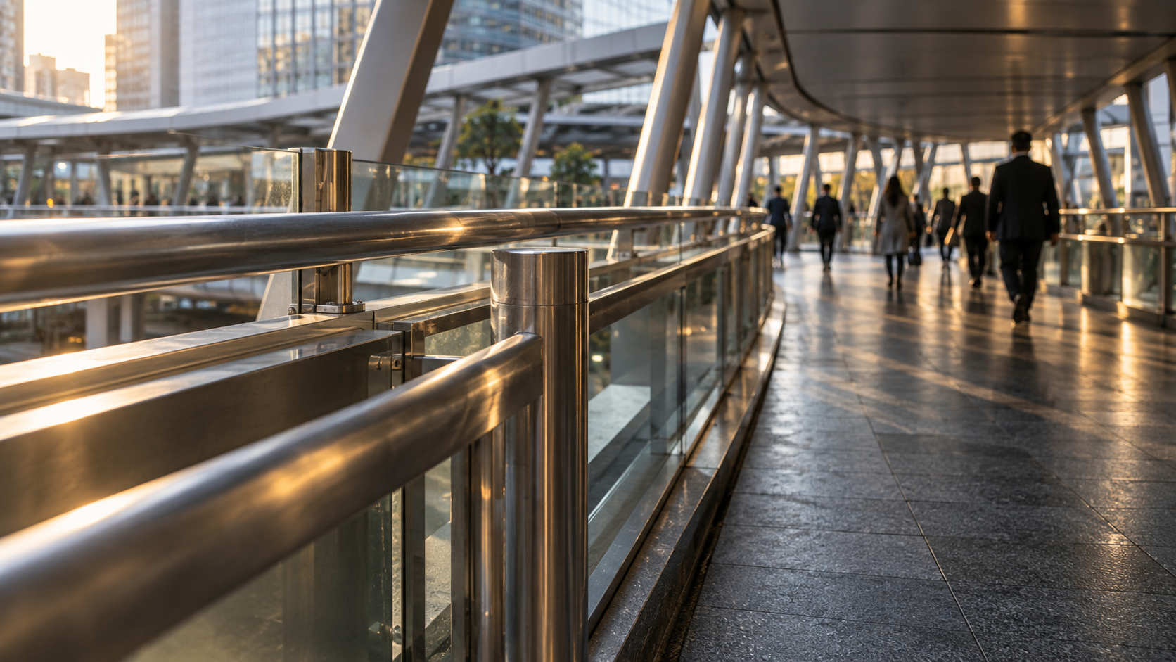 Brushed-metal railings along an open pedestrian bridge with distant commuters