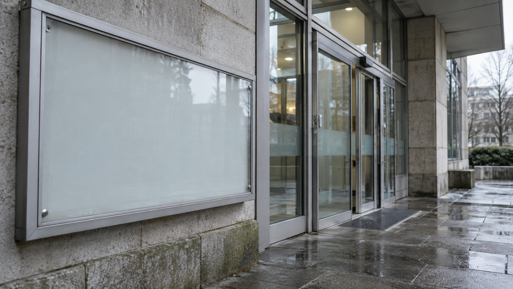 Rain-darkened stone paving beside an unmarked public-building entrance