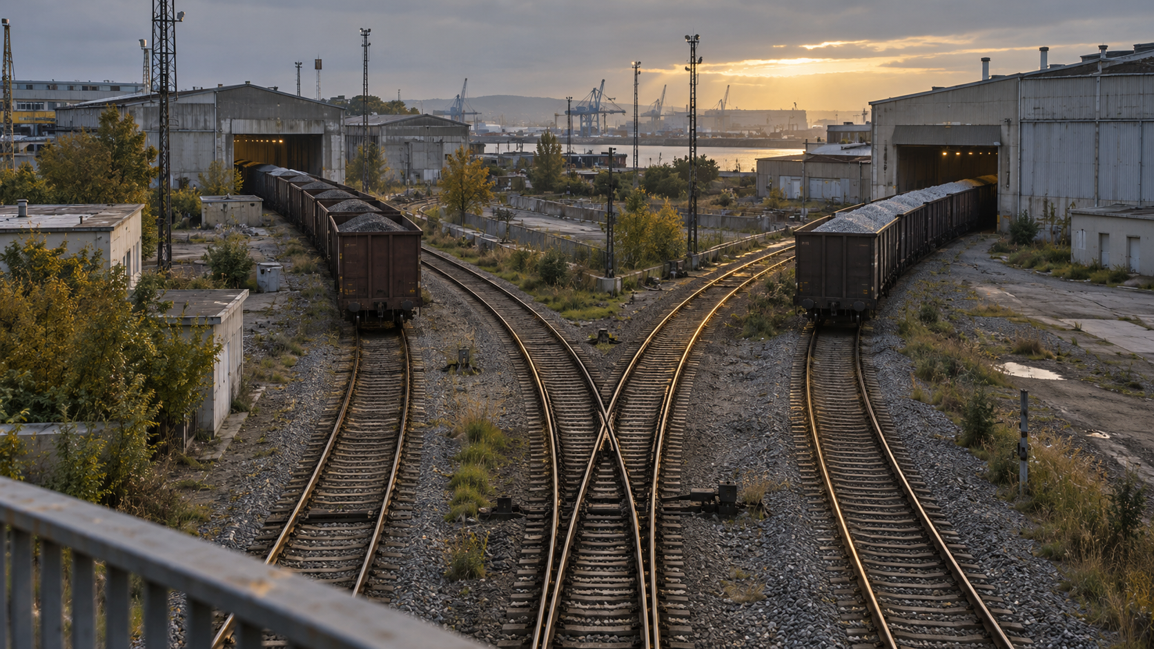 Two unbranded freight rail sidings diverge toward separate warehouse bays at an industrial waterfront.