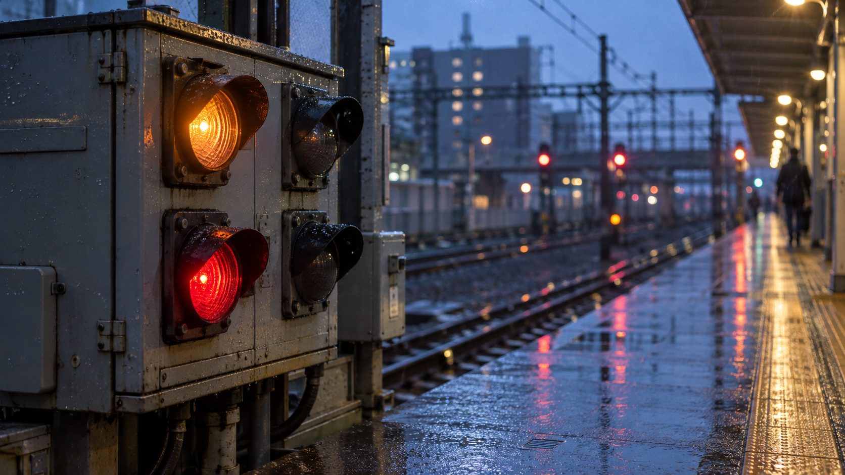 Rain-wet railway signal relay cabinet beside an urban platform at dusk