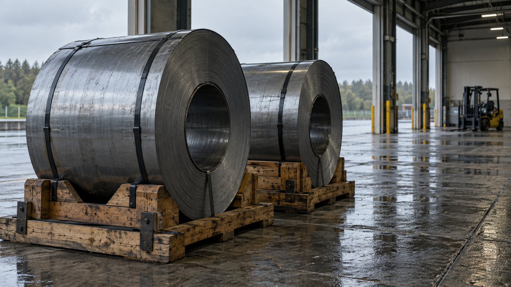 Two unmarked steel coils rest on wooden cradles in a rain-dampened factory receiving bay.