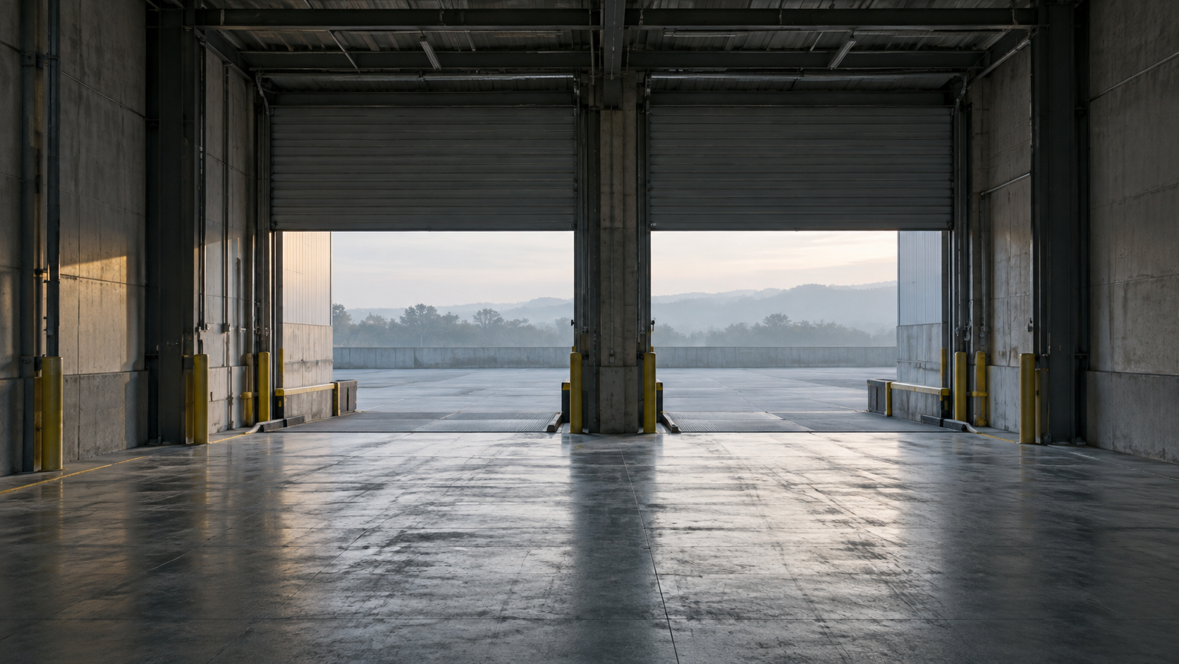 Two unbranded loading lanes open from a quiet concrete transfer hall at dawn.