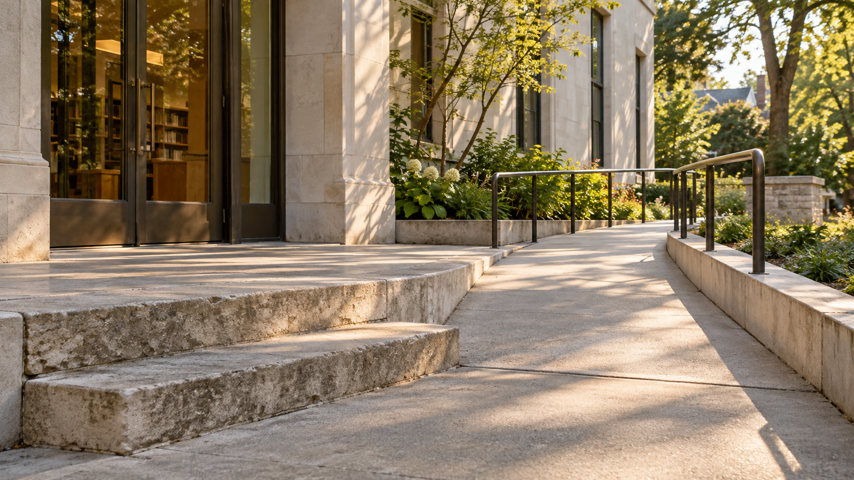 A gently rising accessible path runs beside two weathered stone steps at an unlabelled public-library entrance.