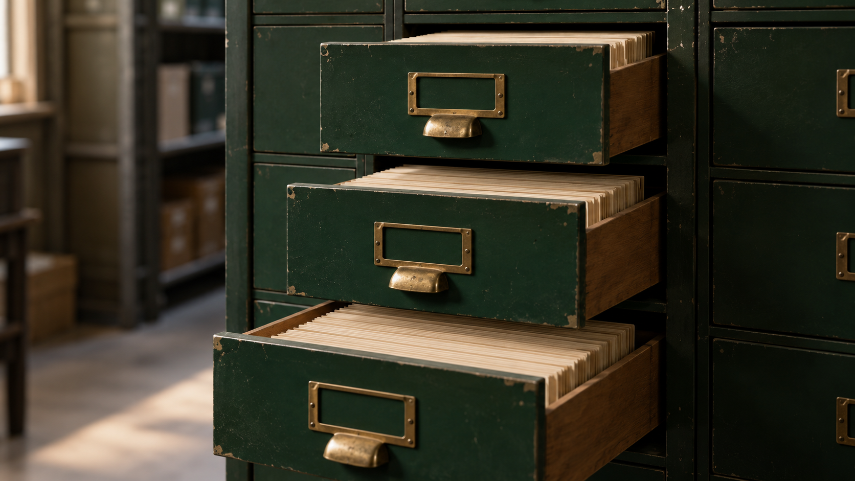 Three unlabelled deep-green archival drawers stand partly open in a metal cabinet.