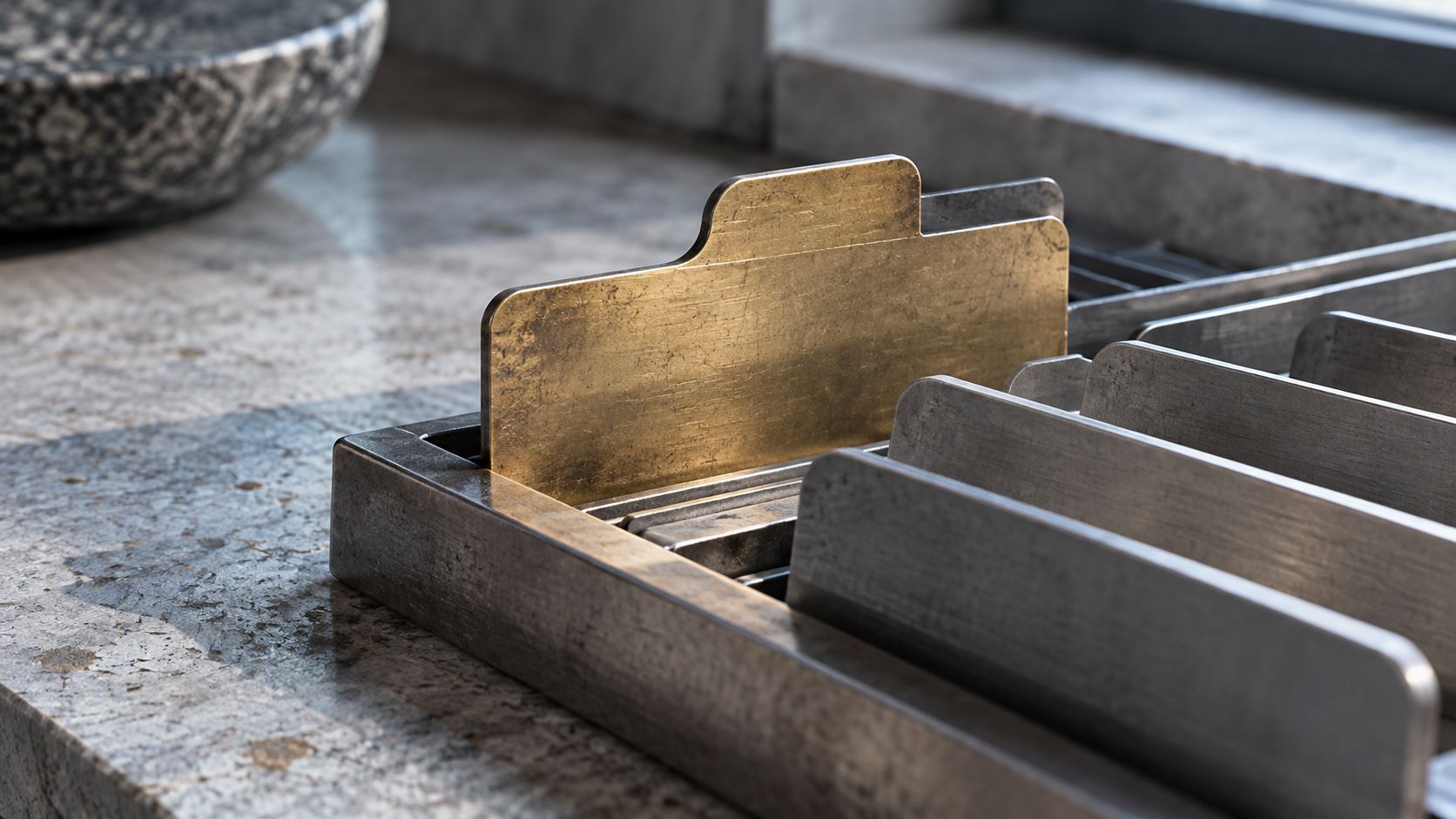 A plain brass indexing tool and blank metal card guides on a worn stone counter.