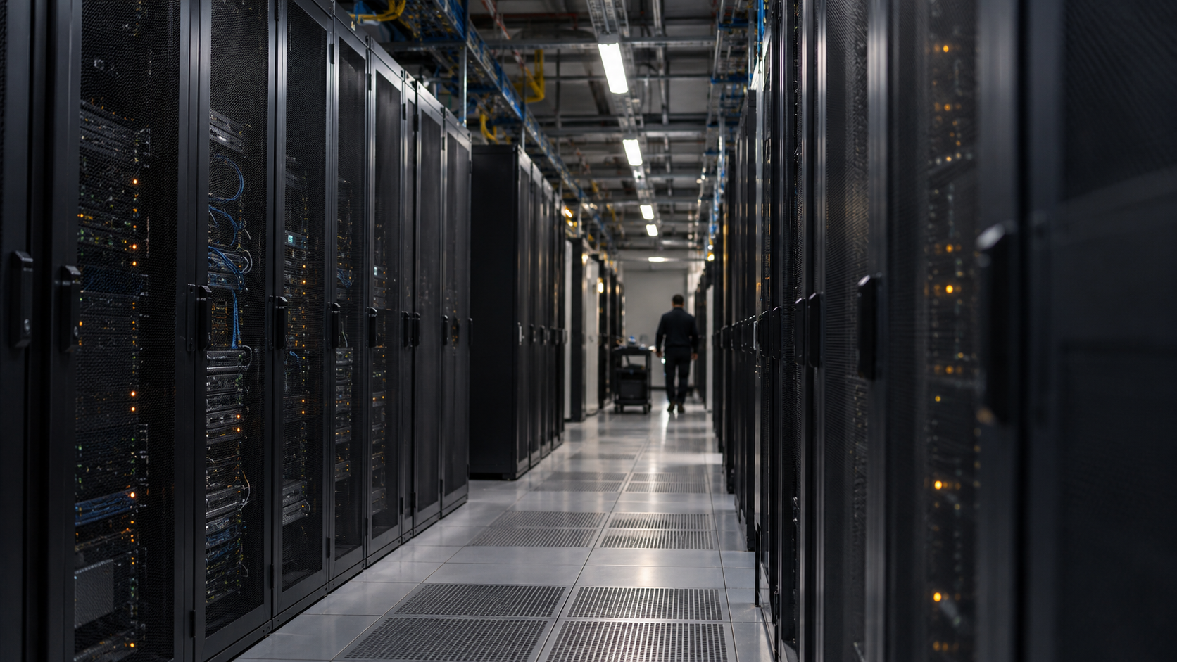 A quiet unbranded data-center aisle with equipment cabinets and floor cooling grilles.