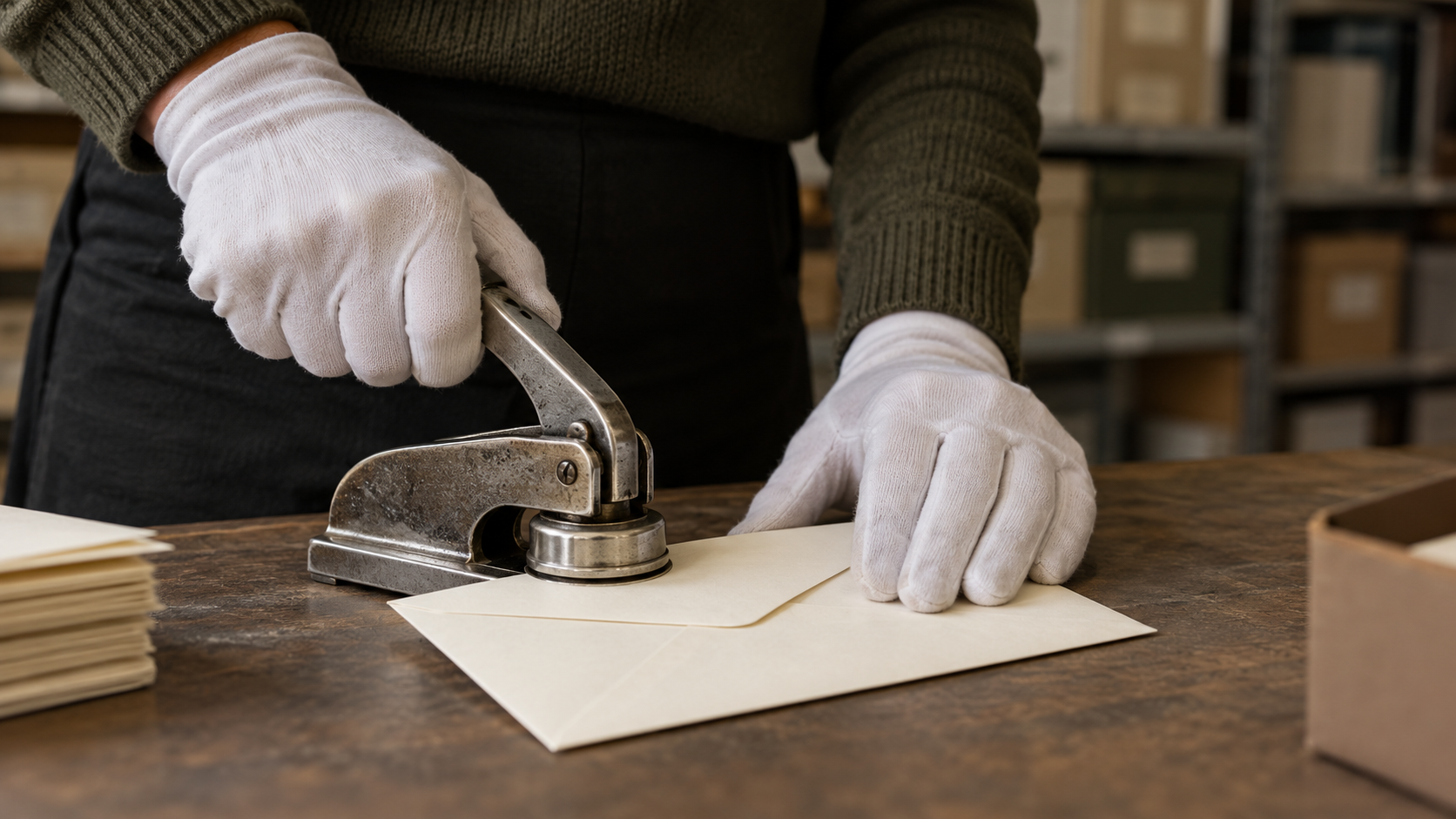 Gloved hands use an unmarked metal embosser on a plain envelope in a generic records room.