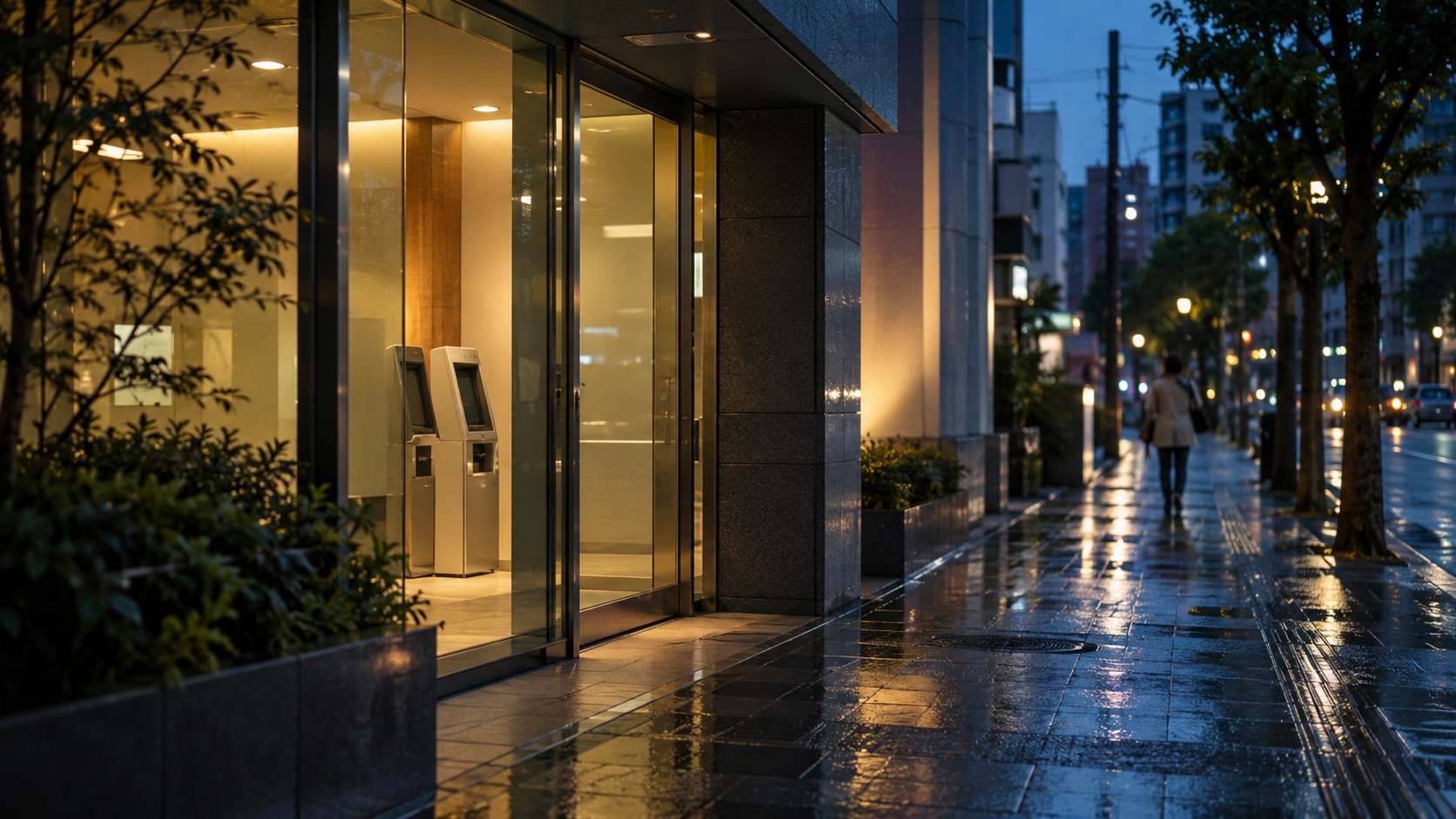 A softly lit unbranded cash-machine vestibule faces a wet city sidewalk at blue dusk.