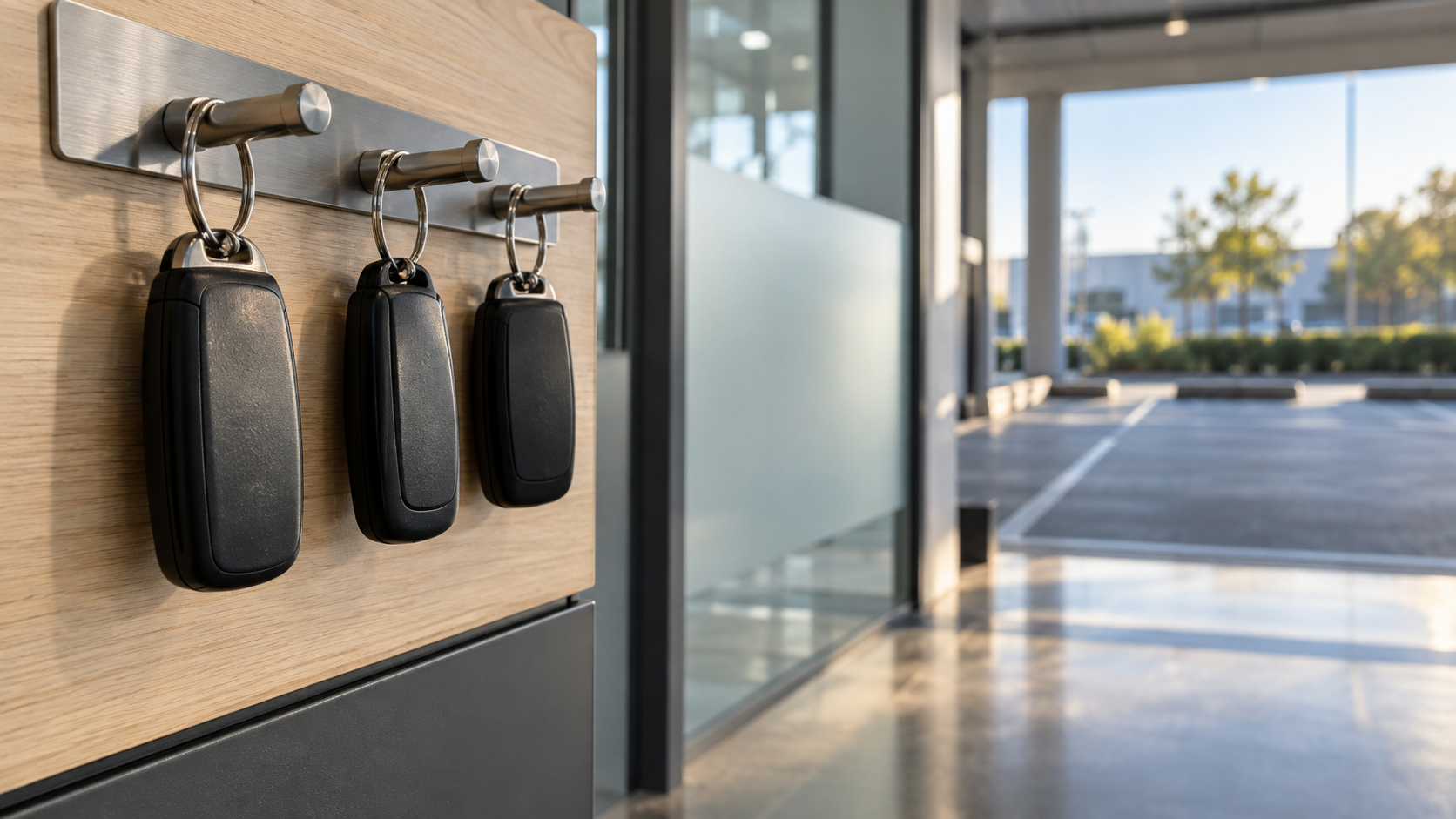 Three unbranded black key fobs hang on plain metal hooks beside an empty handover bay.