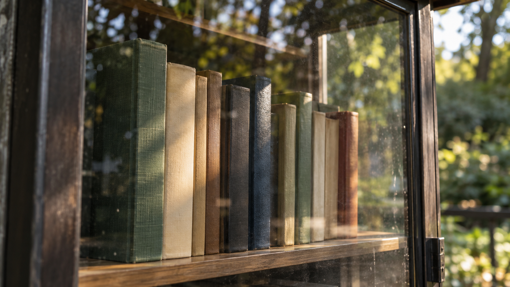 Plain bound books behind a glass display case with leafy reflections