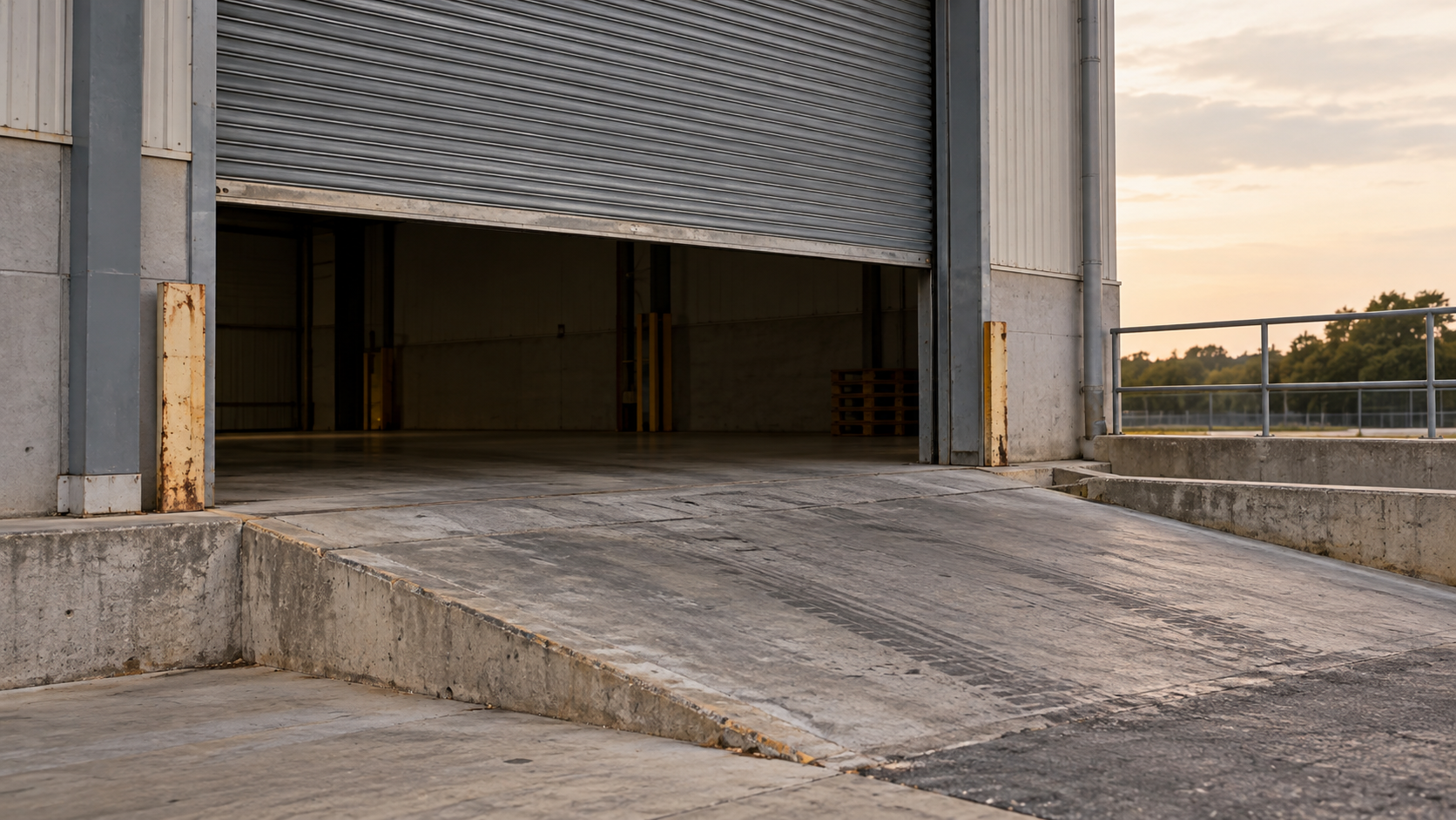 An empty unbranded loading ramp leads through a partly raised steel rolling gate.