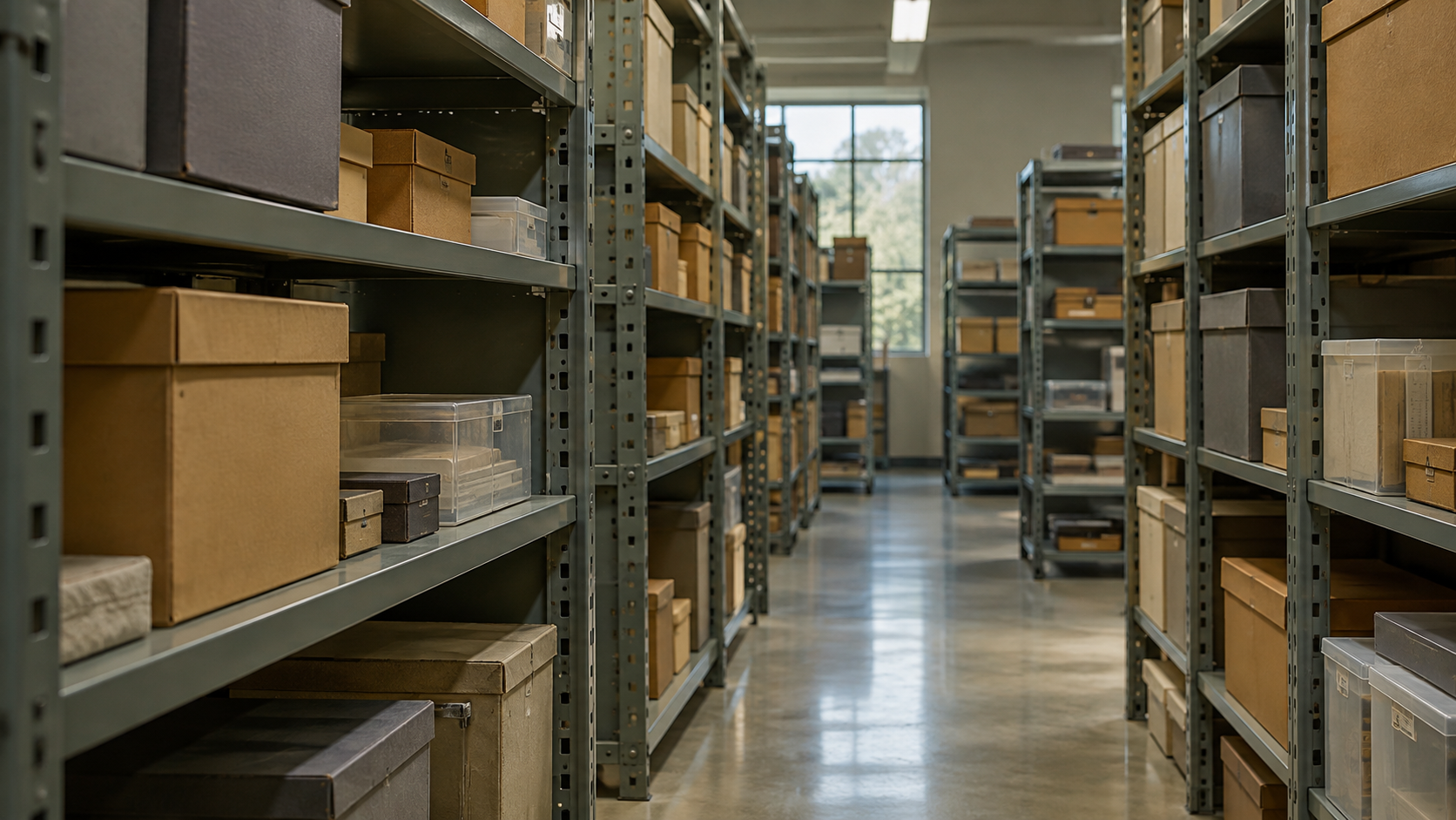 Unlabeled archival boxes and clear protective cases line metal shelves in a quiet materials room.