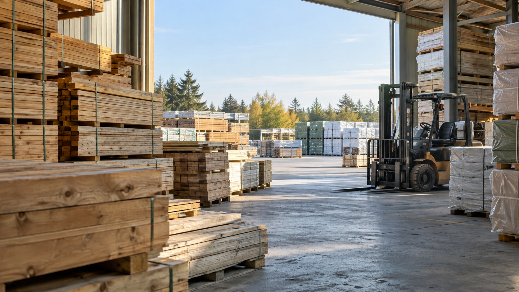 A quiet unbranded construction-materials yard with stacked lumber and a parked forklift in morning light.