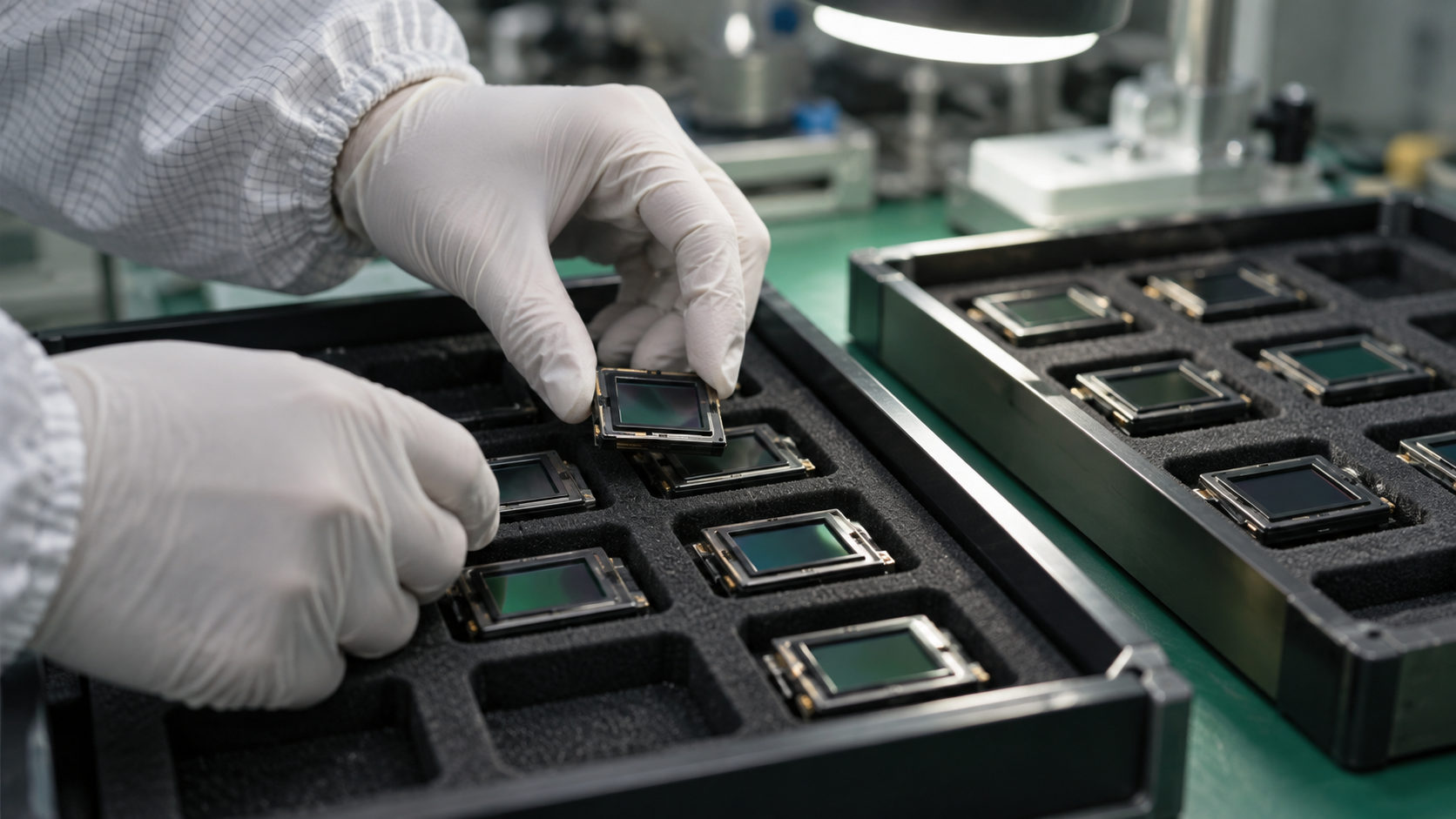 Gloved hands sorting unbranded electronic modules in anti-static trays