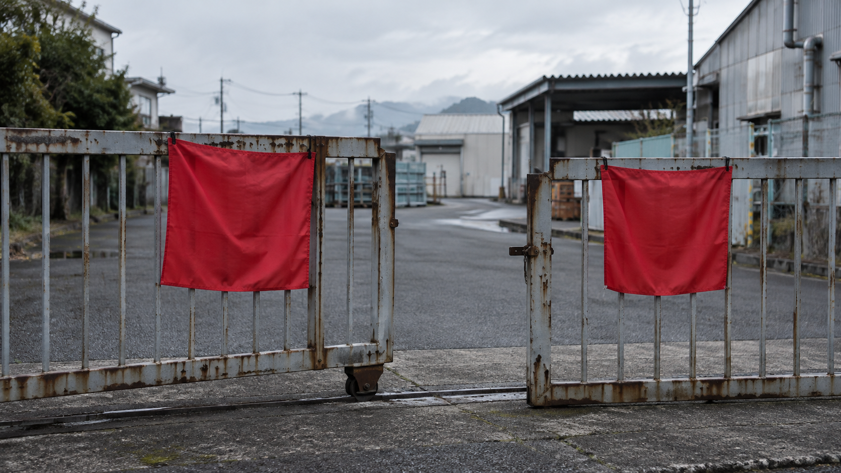 Two plain red flags clipped to a weathered industrial gate on an overcast day
