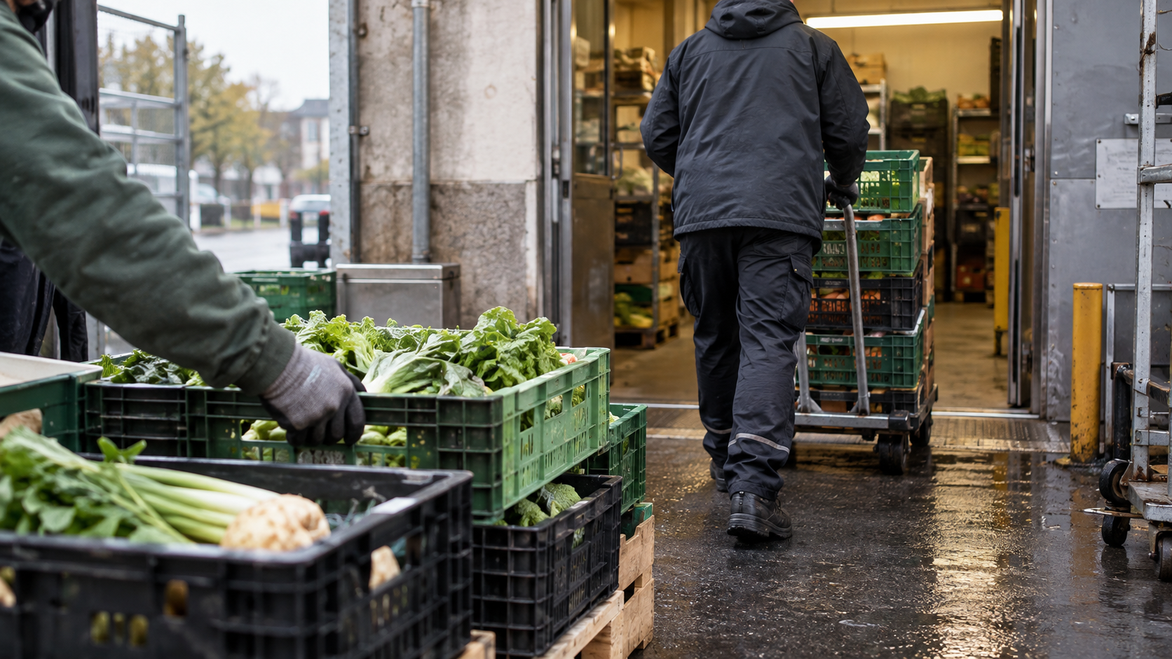 Workers moving unbranded produce crates into a neighbourhood supermarket