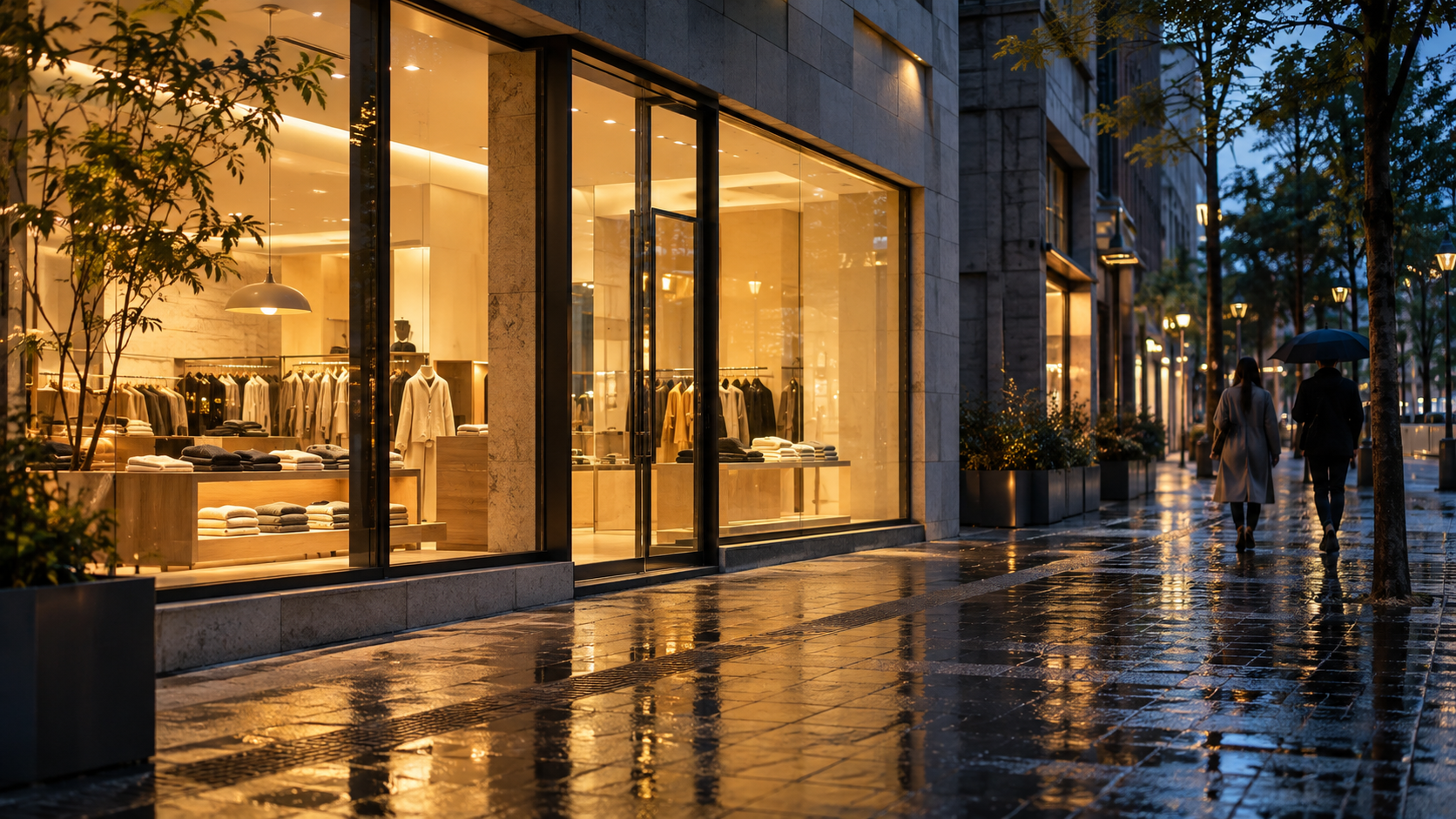 An unbranded clothing shop glows onto a rain-wet street at early evening.
