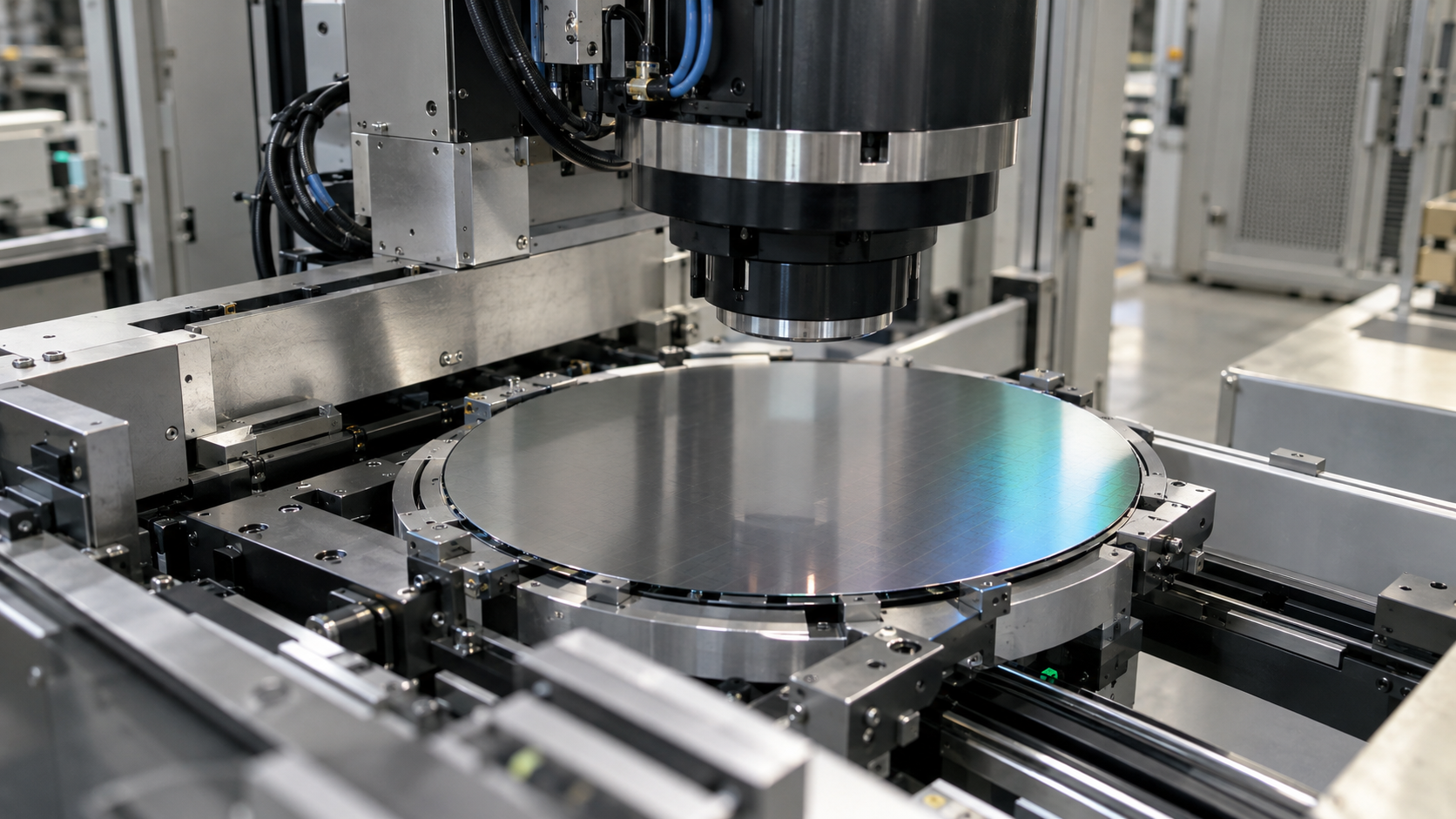A plain silicon wafer rests beneath an unbranded optical inspection head in a clean industrial bay.