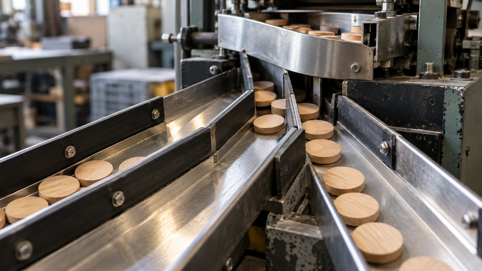 Plain wooden tokens collect in separate stainless-steel channels of an unbranded sorting mechanism.