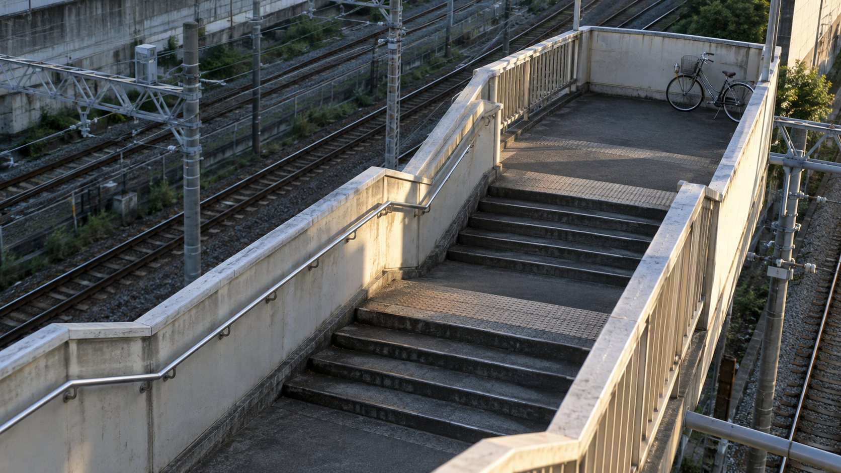 A quiet concrete pedestrian overpass with stair landings above unmarked rail lines.