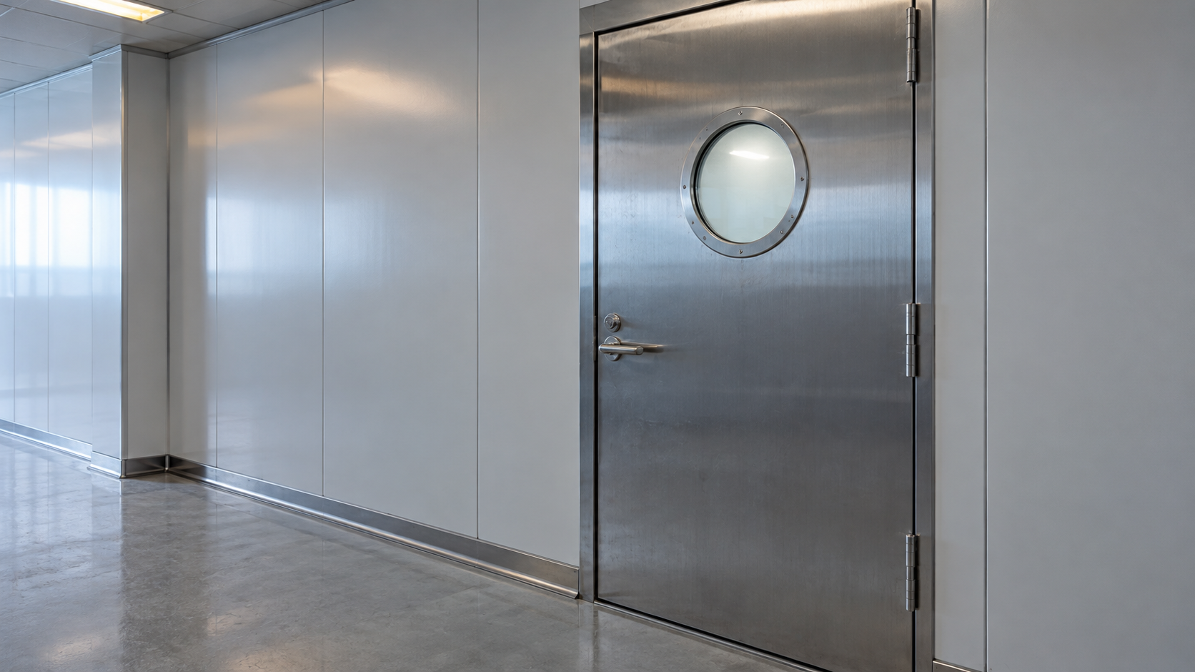 An unbranded stainless-steel door with a round porthole in a quiet clean manufacturing corridor.