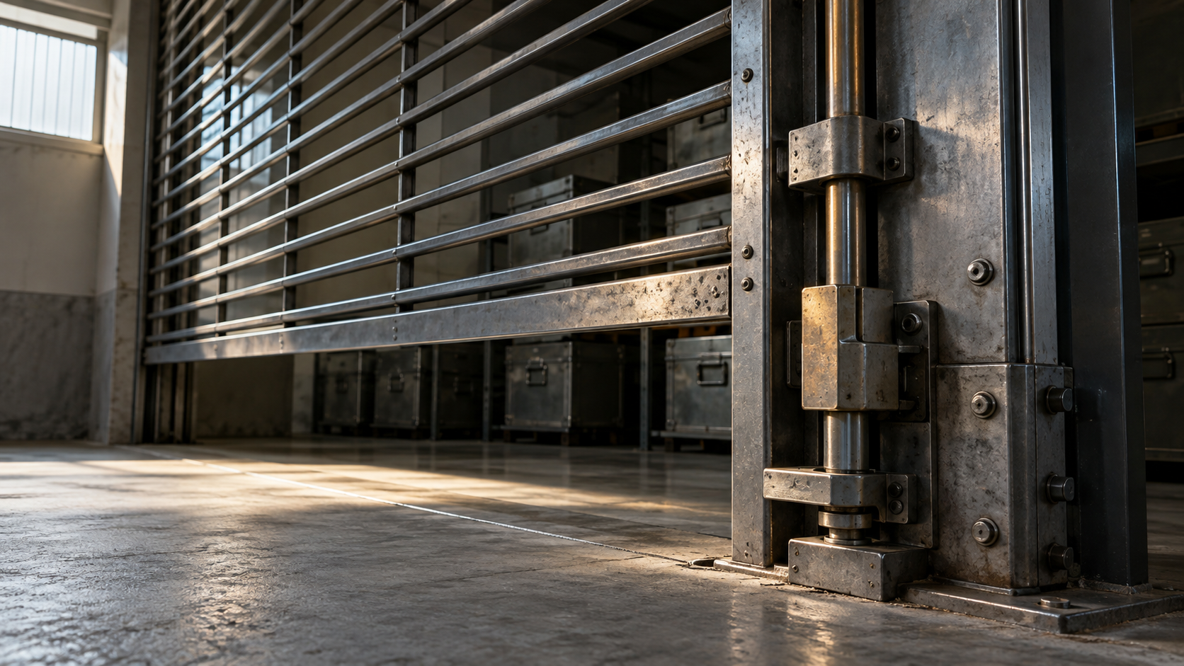 A close view of a steel rolling security gate and locking linkage in an unbranded records room.