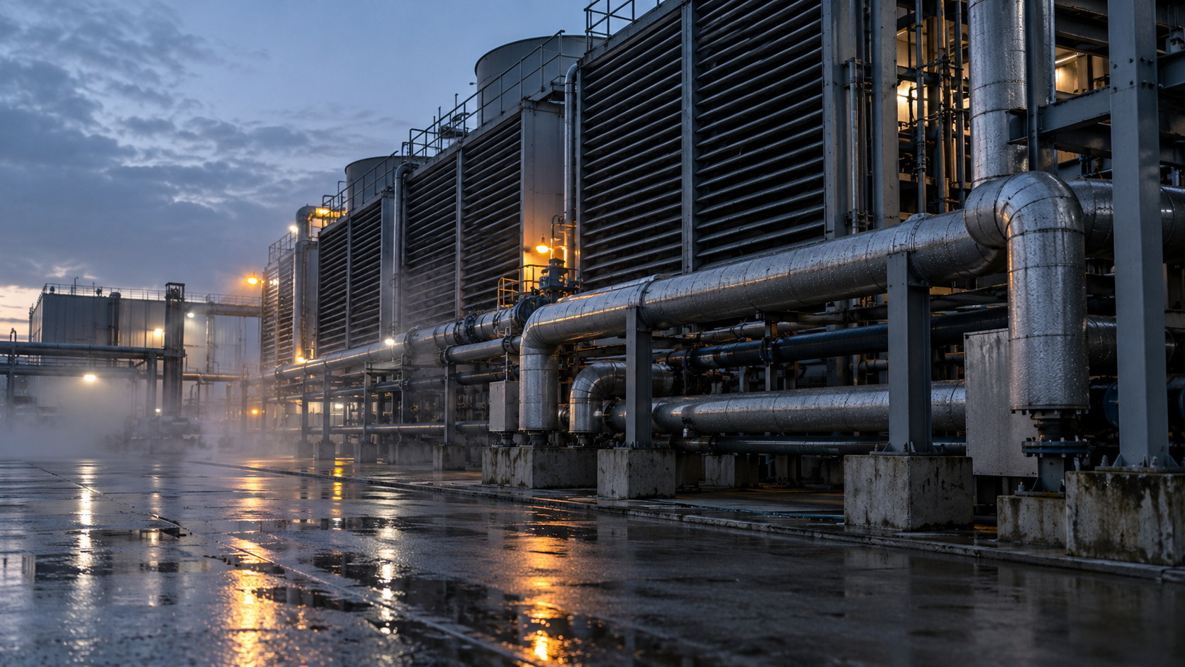 Unbranded industrial cooling plant with pipes and louvers at dawn