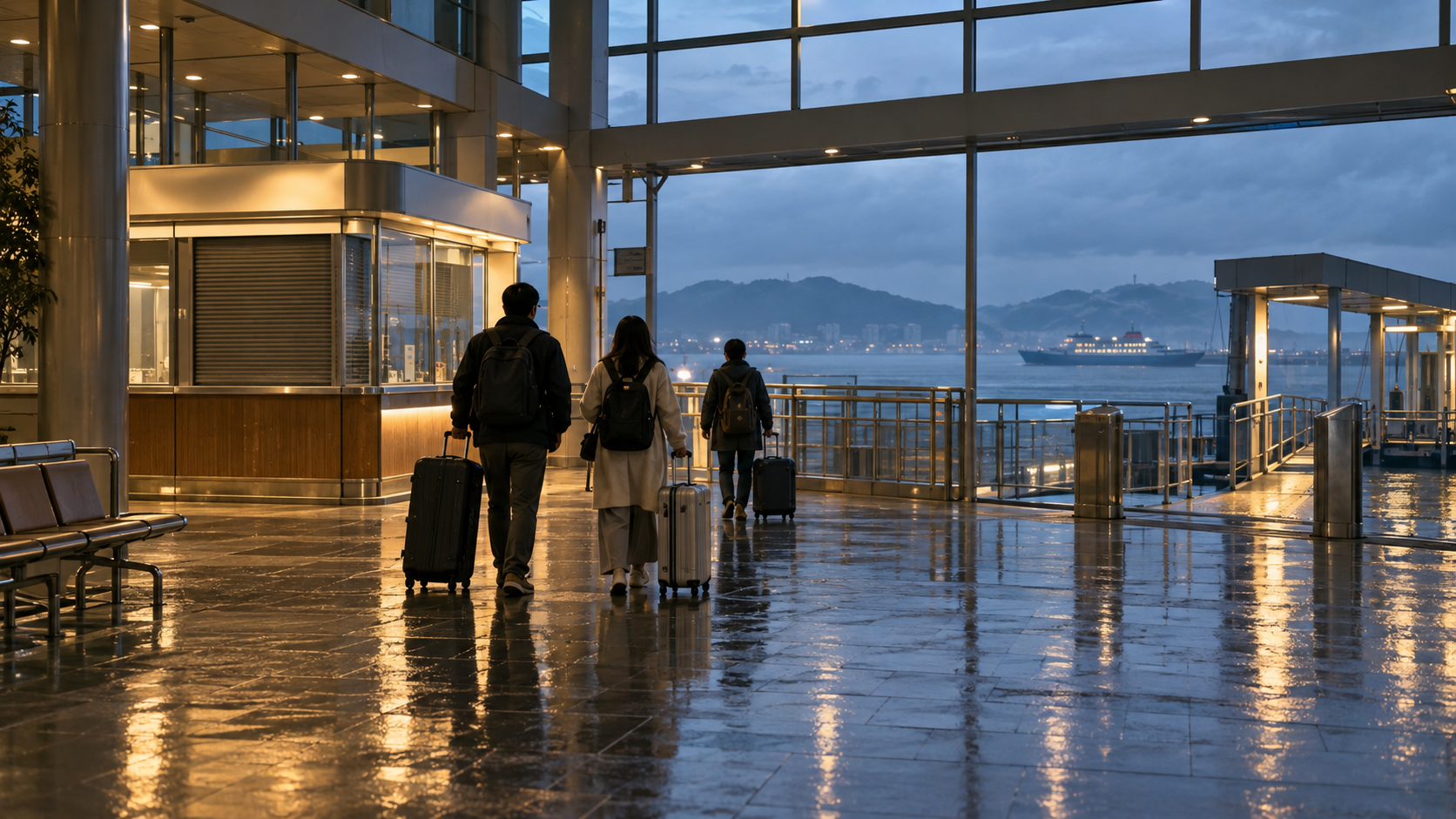 Travellers with luggage in an unbranded ferry terminal at blue hour