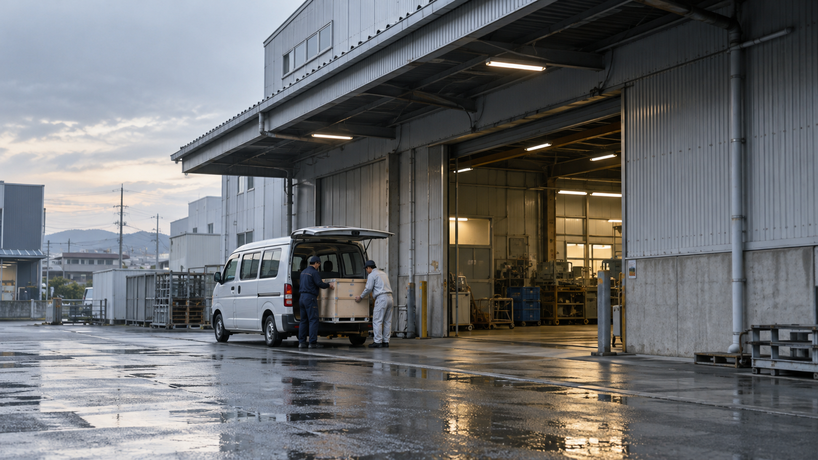 Unbranded precision-parts factory loading bay after rain