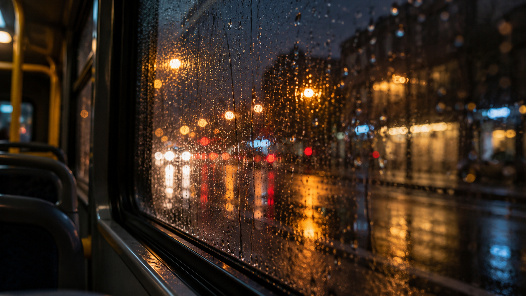 Raindrops on the side window of a stationary public bus reflect soft city lights at night.