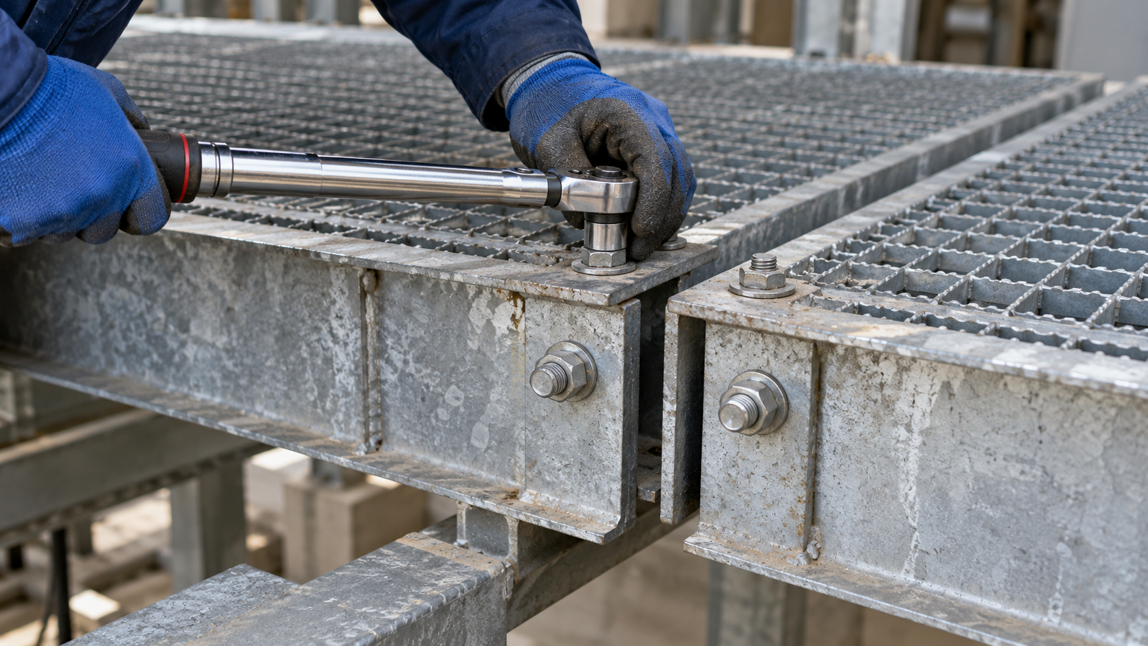Gloved hands use a torque wrench at the expansion joint between two separately supported steel walkway sections.