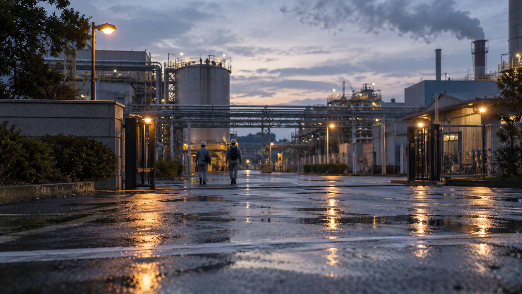 Two distant workers entering an unbranded industrial plant through a wet gate at dawn