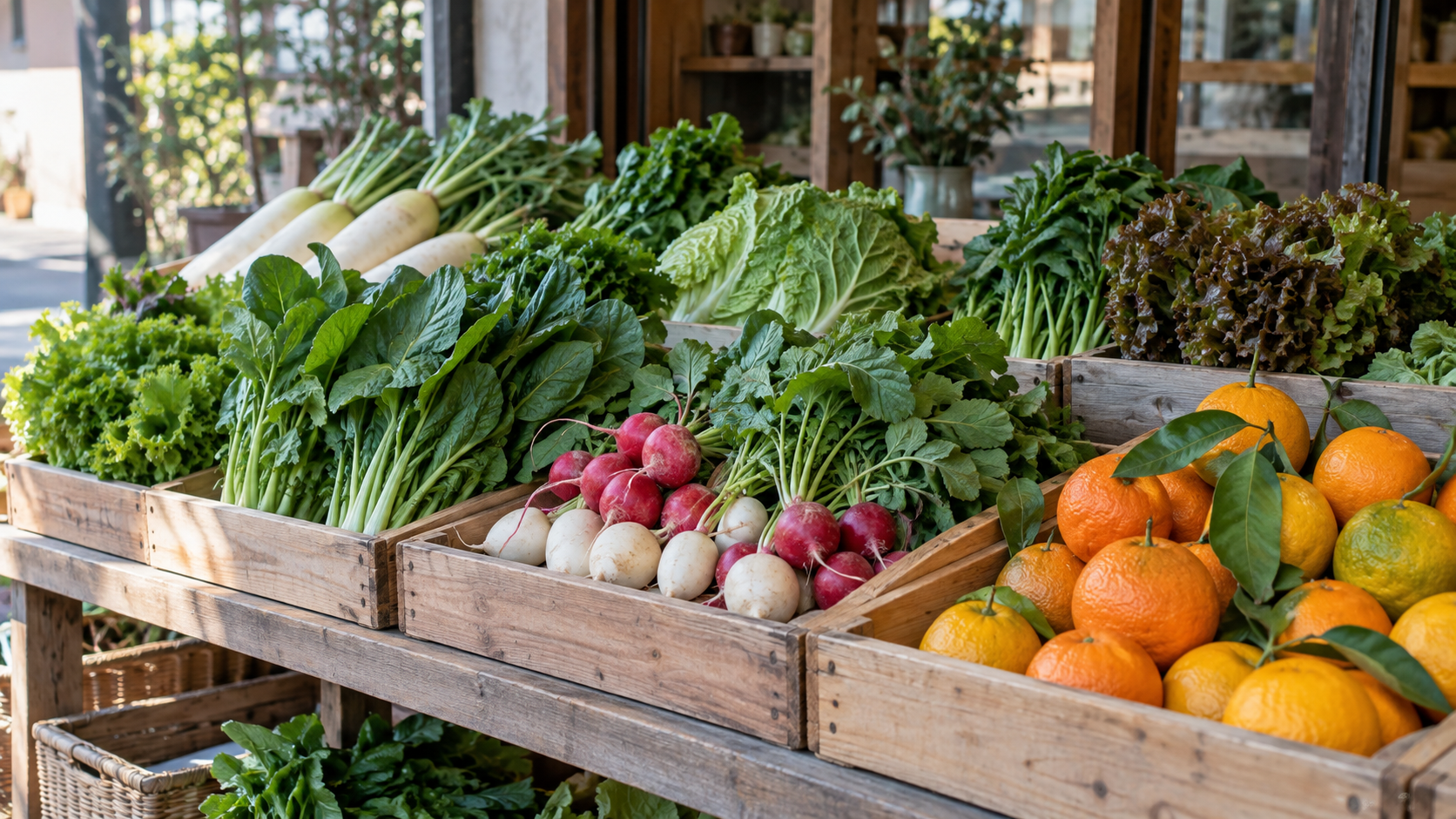 Unbranded leafy vegetables, radishes and citrus arranged in wooden crates at a quiet produce shop.