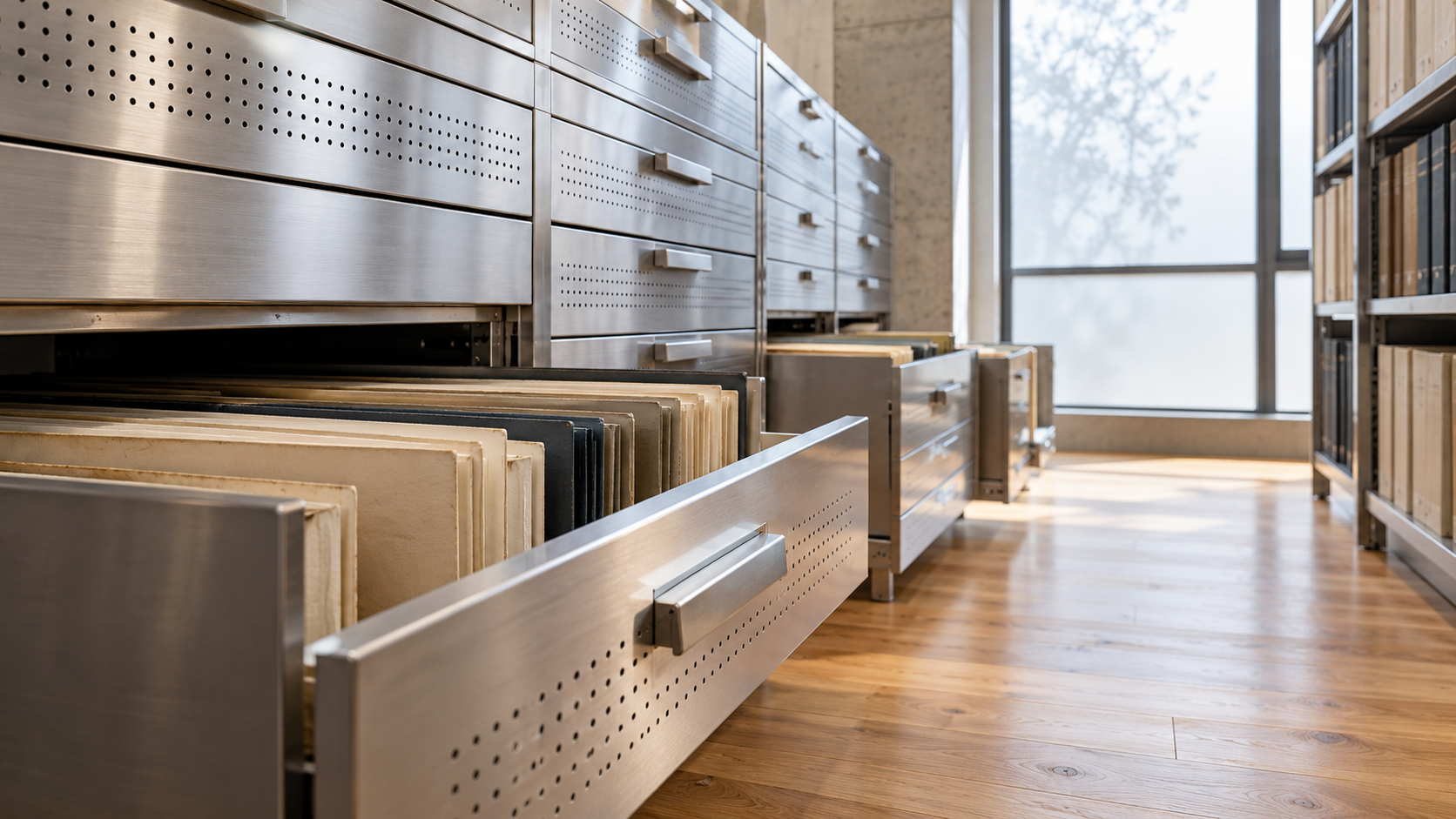 Open brushed-metal archive drawers hold plain oversized folders in a quiet records room.