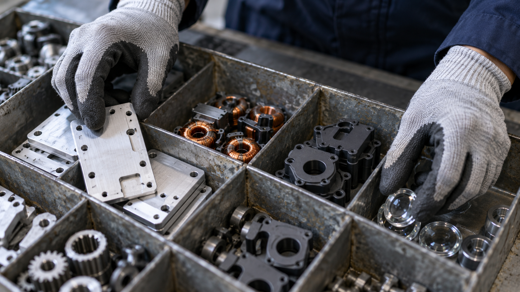 Gloved hands sorting unbranded industrial components into a weathered metal tray
