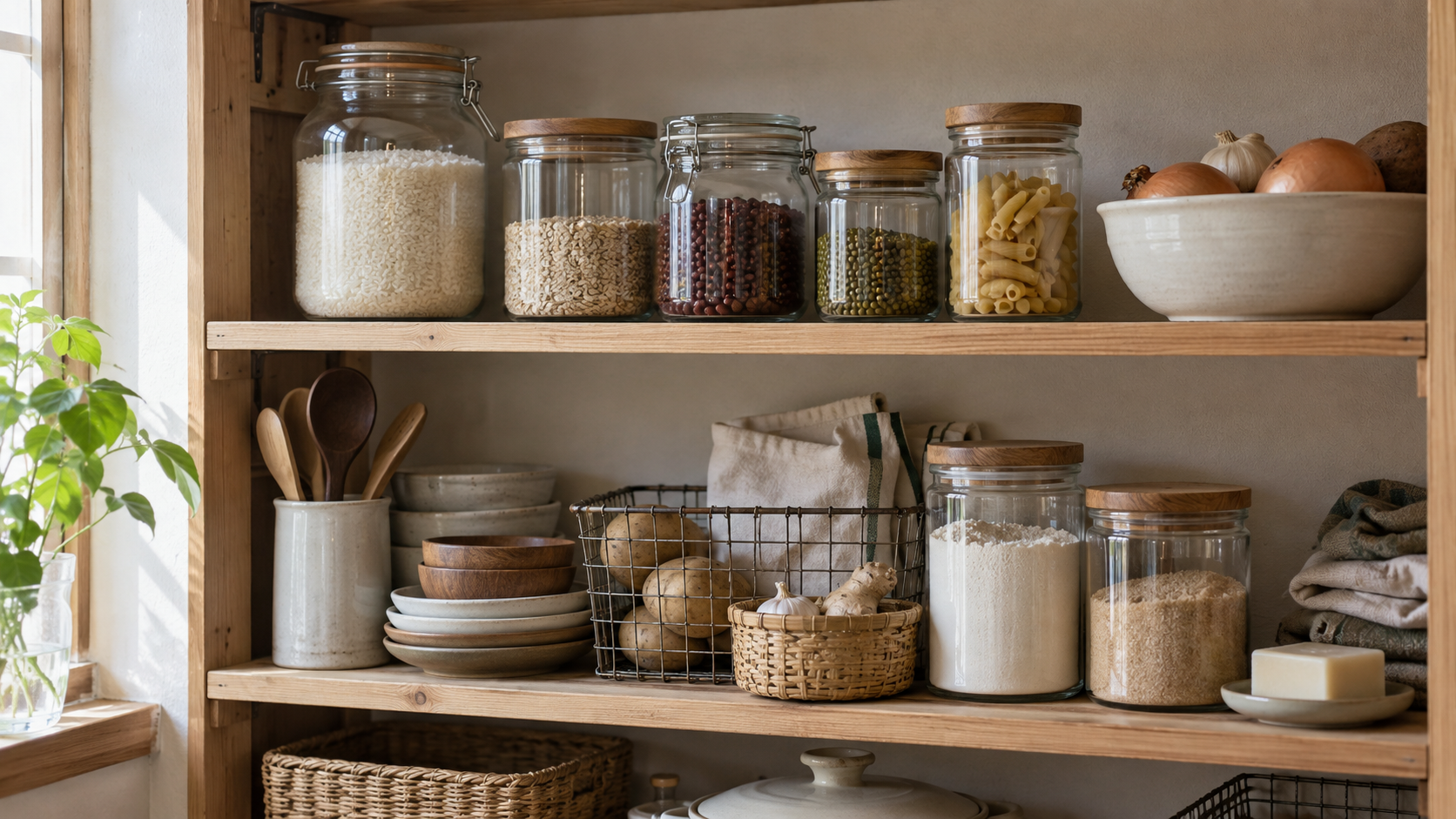 Plain household staples in unlabeled glass jars on an open wooden pantry shelf.