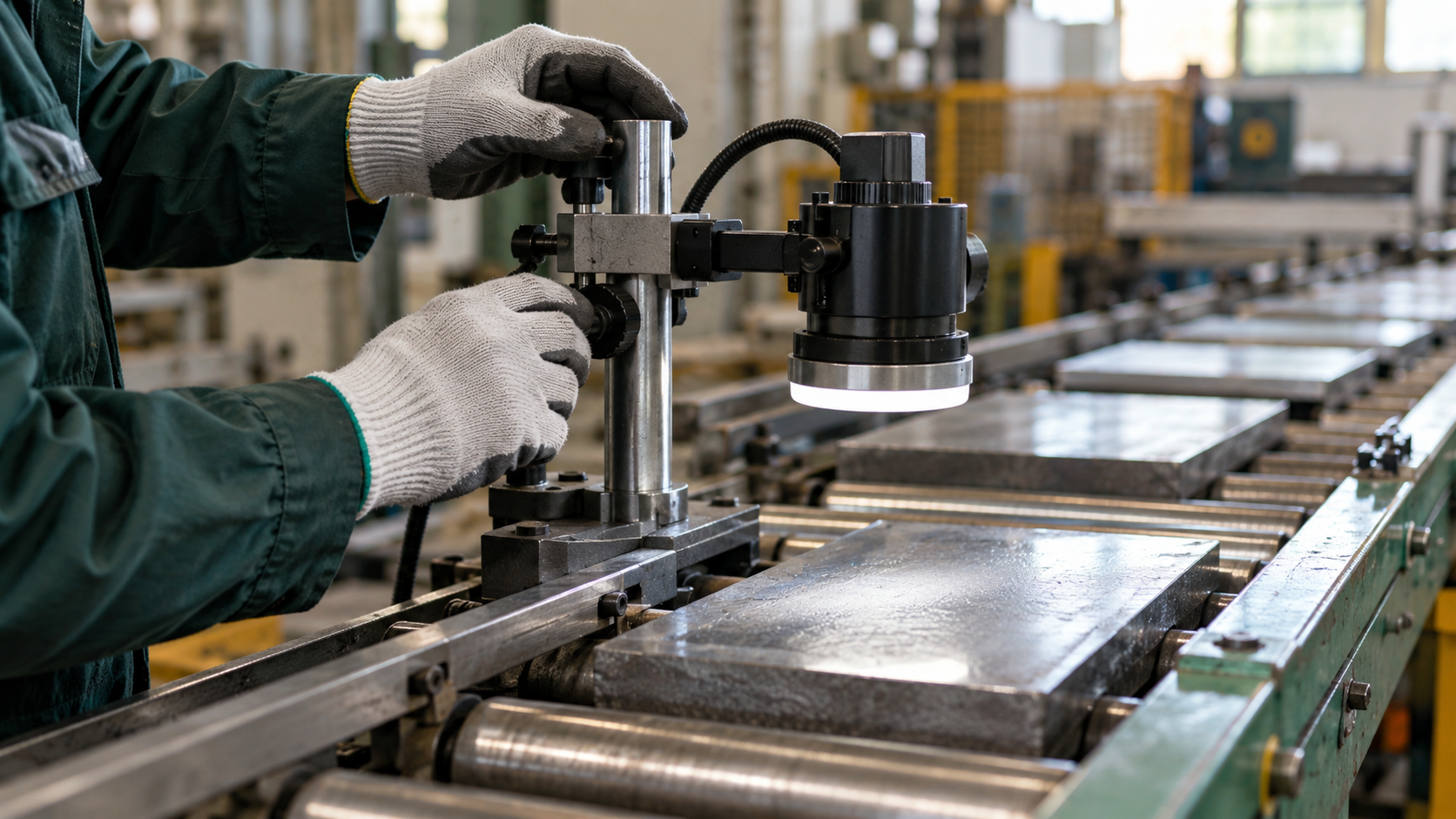 Gloved hands adjust an unbranded optical inspection instrument beside a steel conveyor