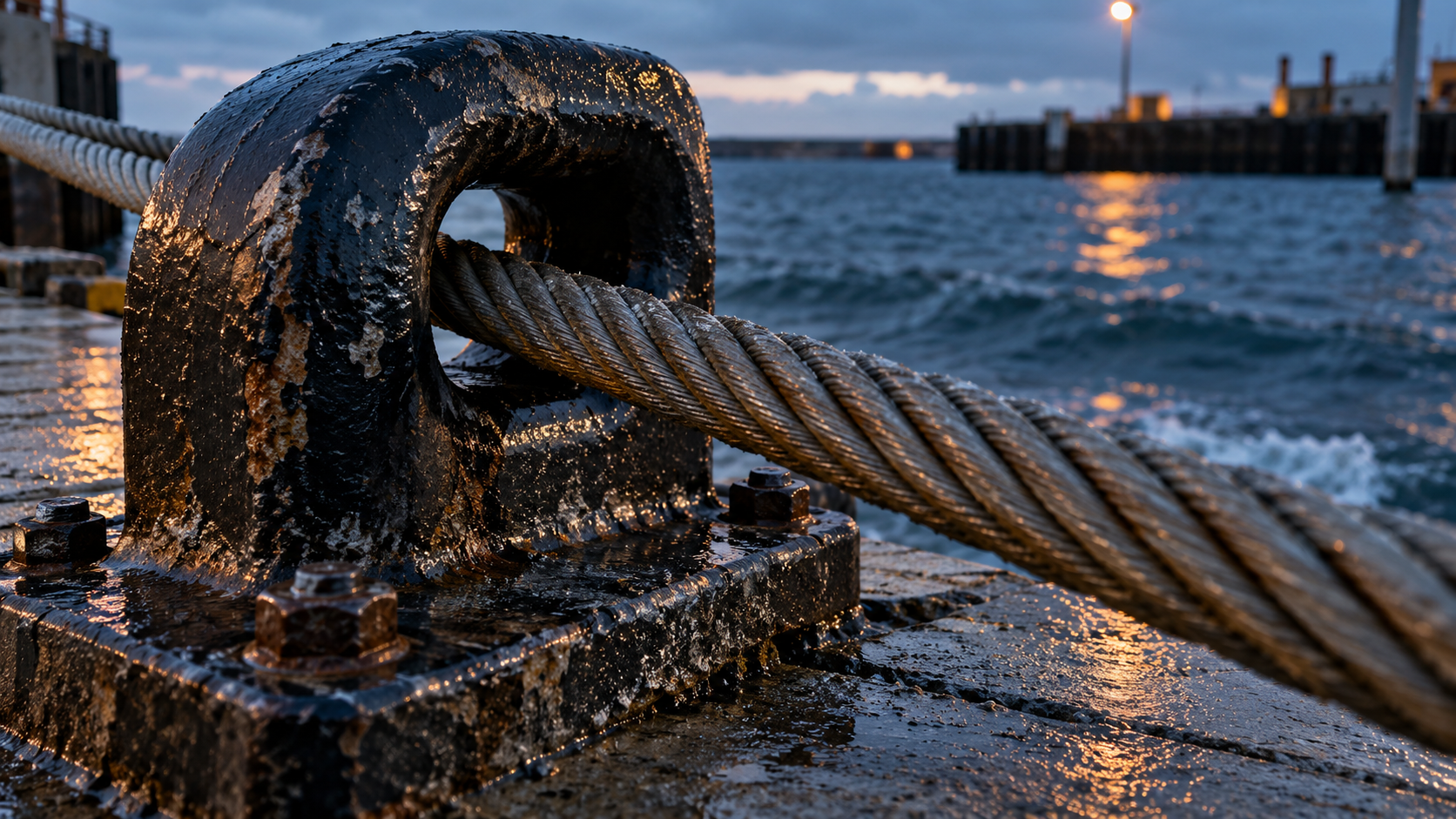 Tensioned steel mooring cable passing through a weathered harbor fairlead