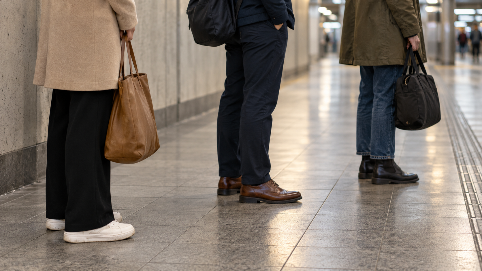 Three anonymous commuters wait in a quiet station corridor, shown from the waist down with unbranded bags.