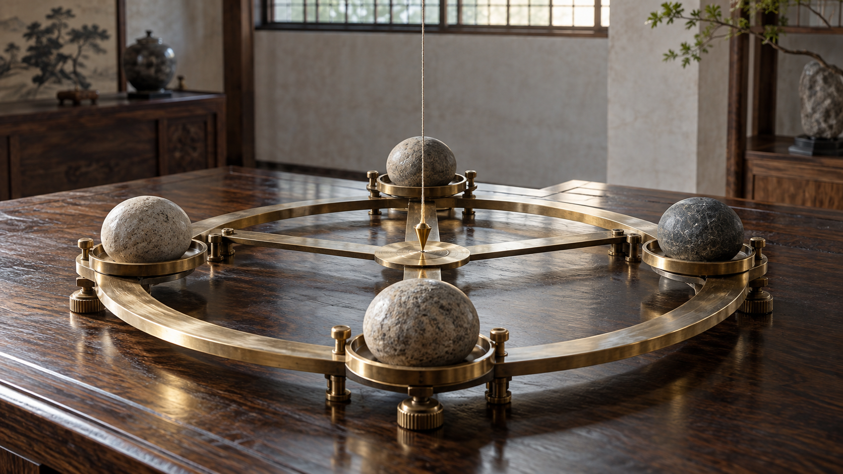 Circular brass balance instrument holding four unmarked stone weights