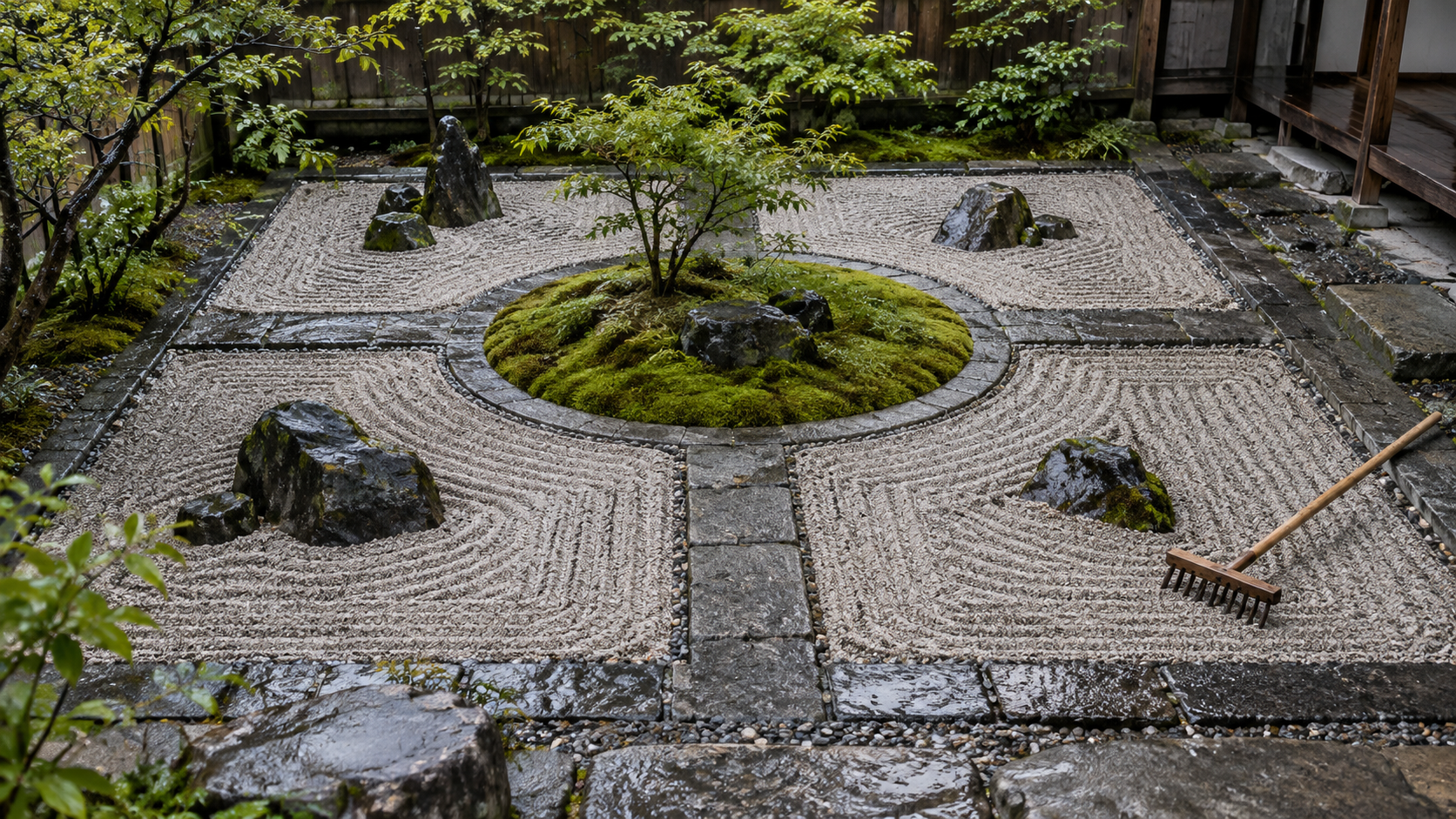 Rain-damp Japanese stone garden divided into four raked-gravel sections around a moss island