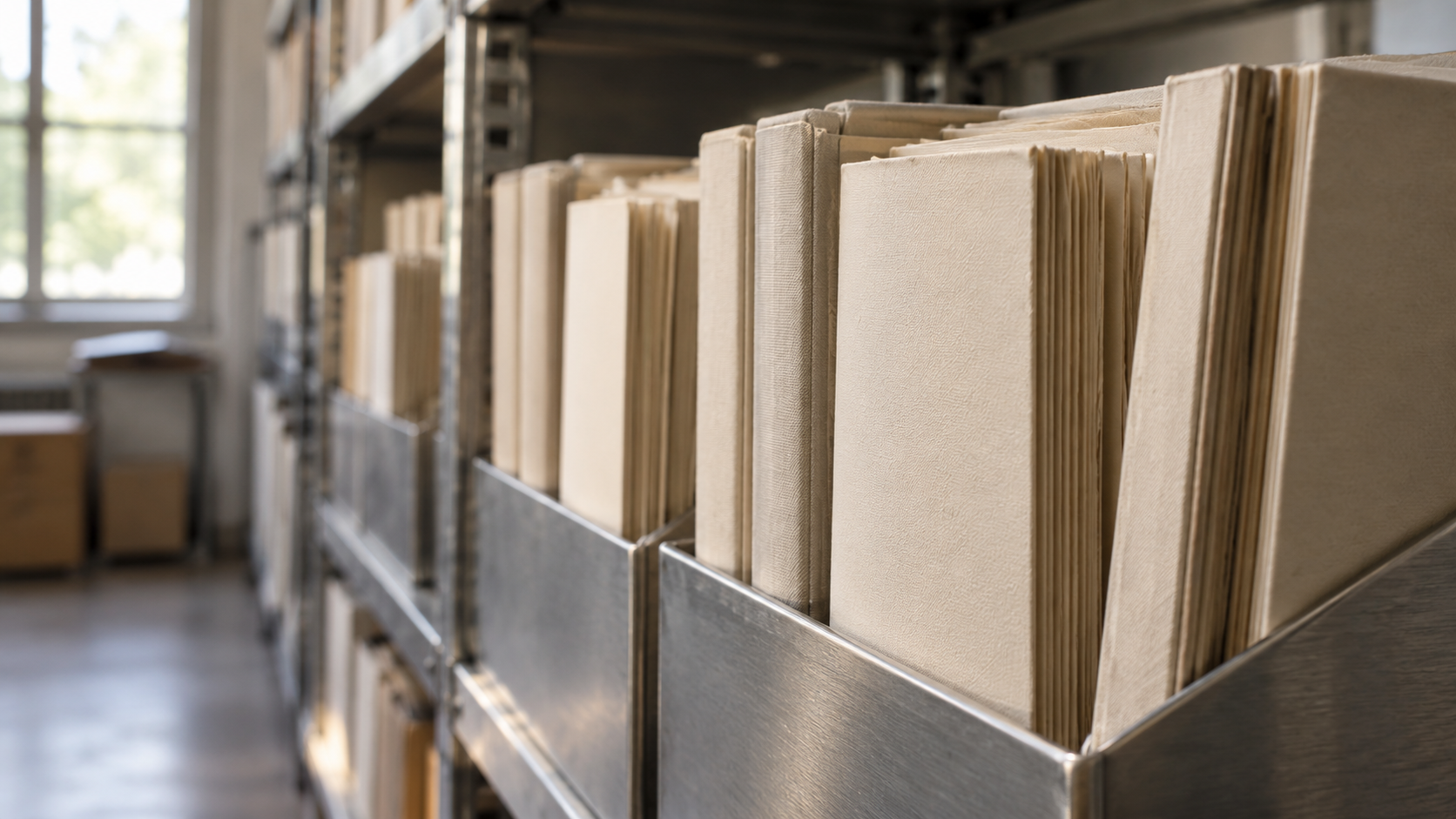 Unmarked cream report covers arranged in a brushed-steel archive rack
