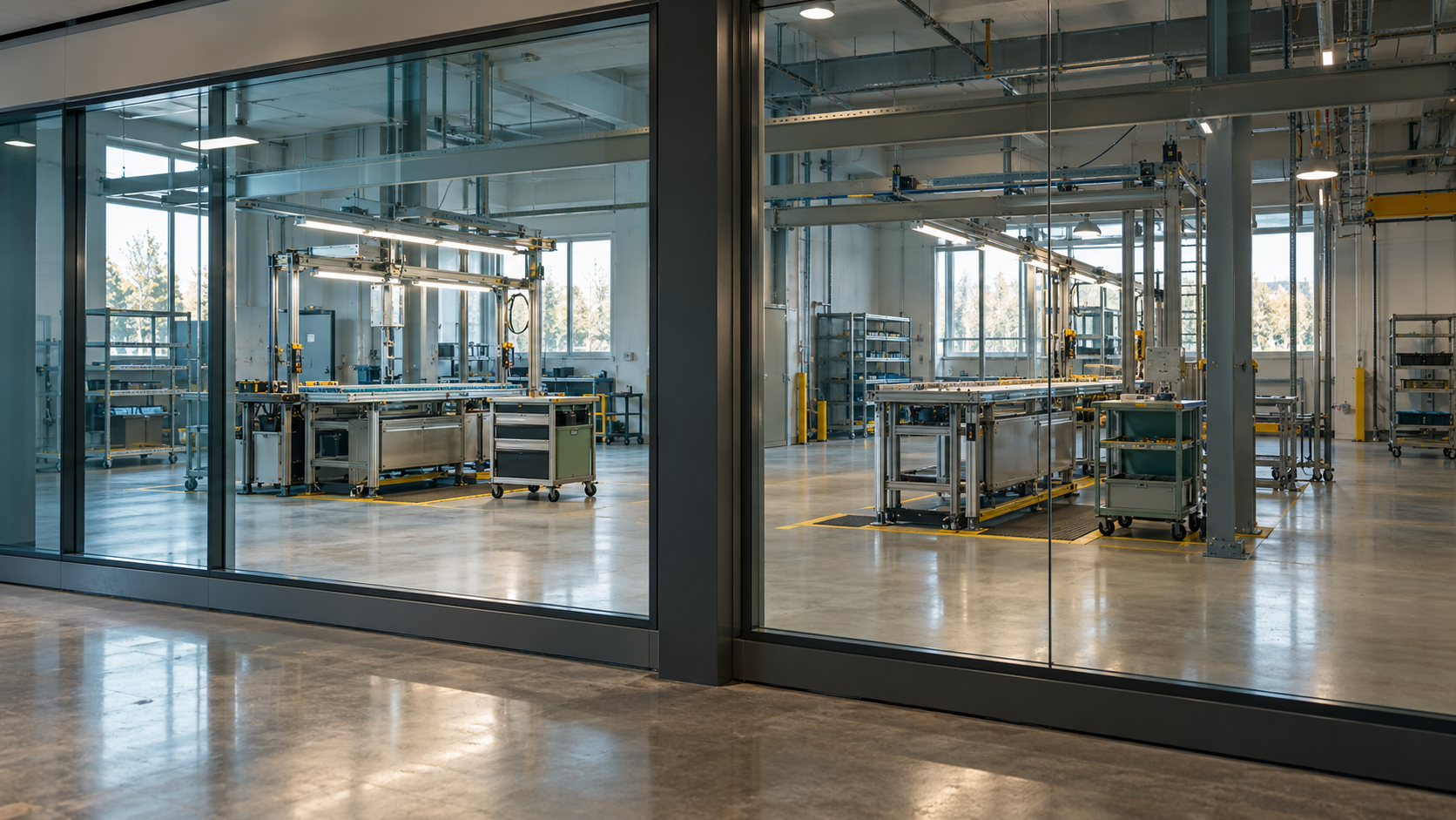 A glazed partition looks into two separate unbranded assembly bays in a quiet factory.