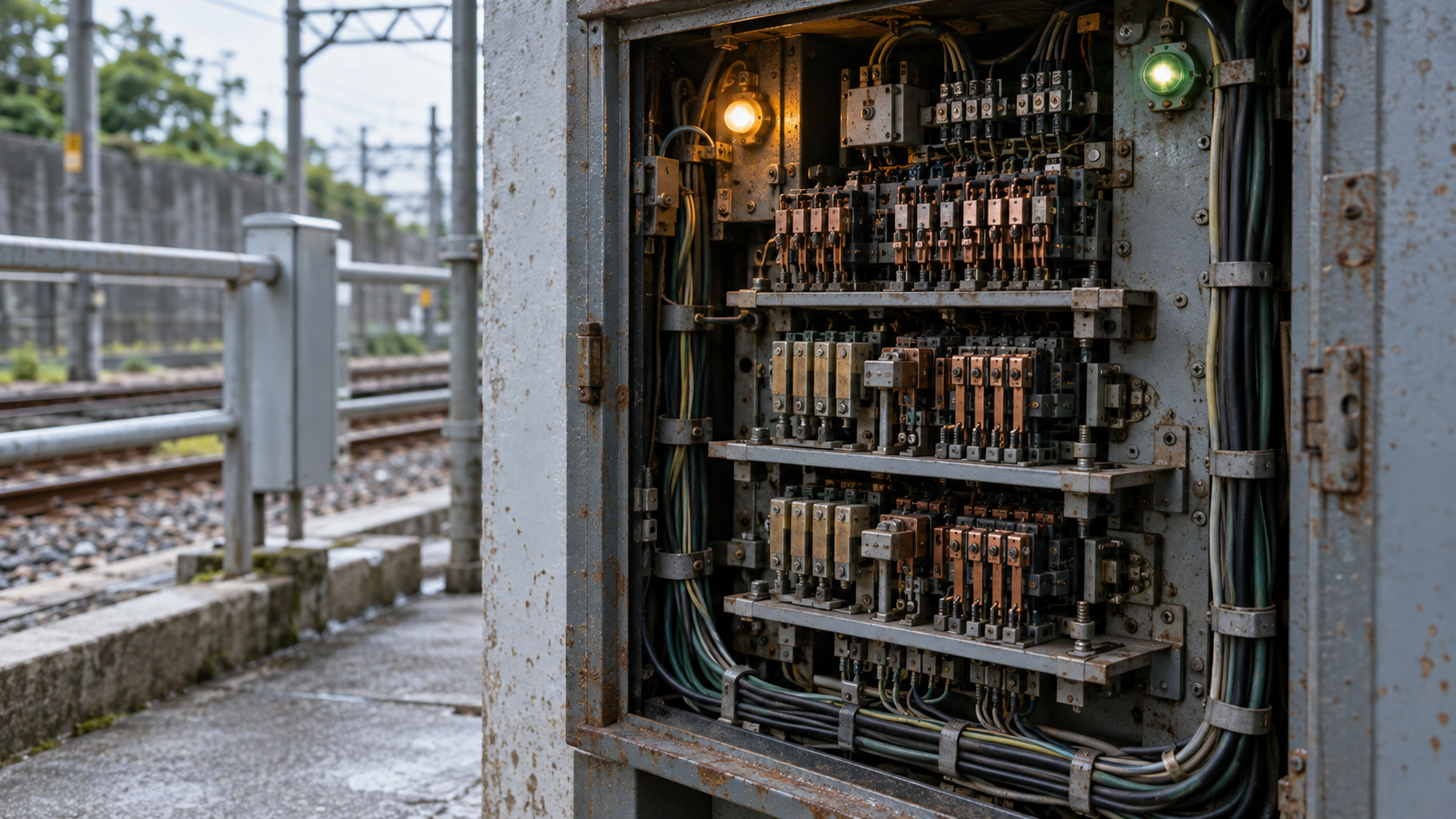 An open unbranded rail relay cabinet with copper contacts beside tracks.