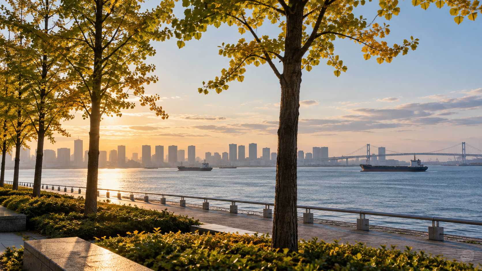 Tokyo Bay waterfront with ginkgo trees and distant cargo ships at sunrise