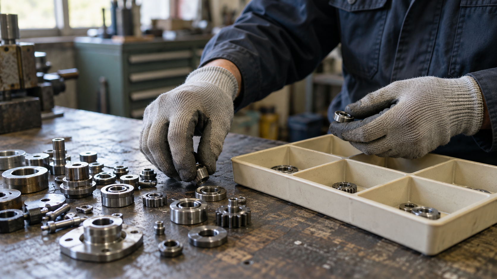 Gloved hands sorting machined metal parts into a divided workshop tray