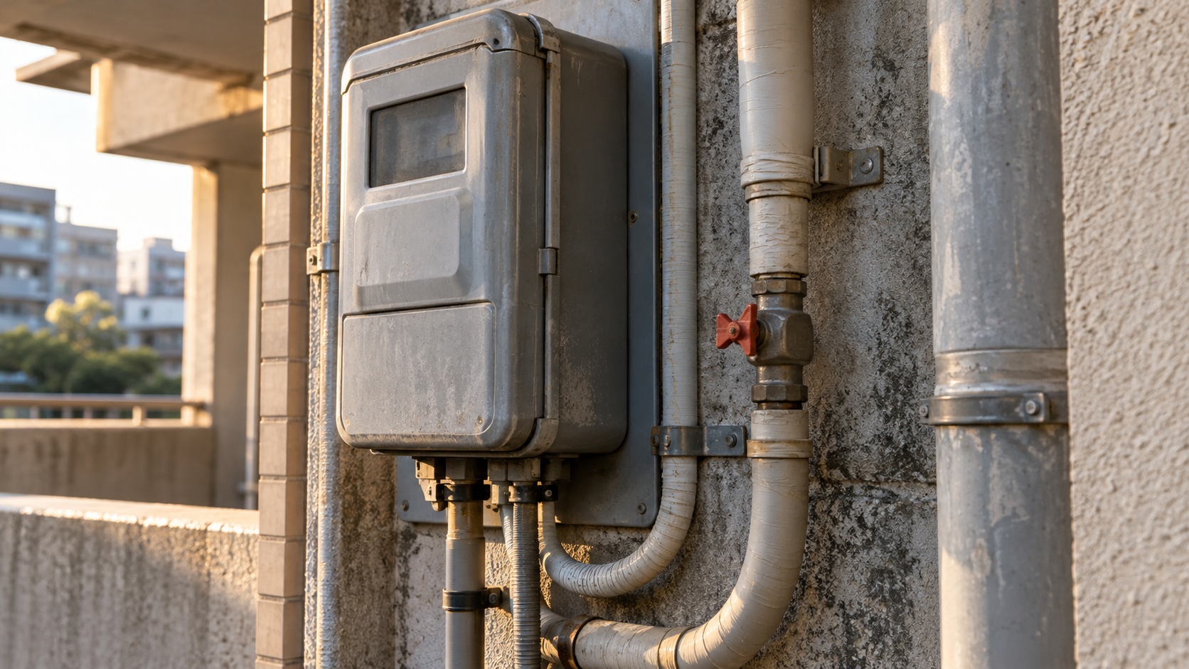 An unbranded gray utility enclosure and insulated conduits on a weathered apartment exterior.