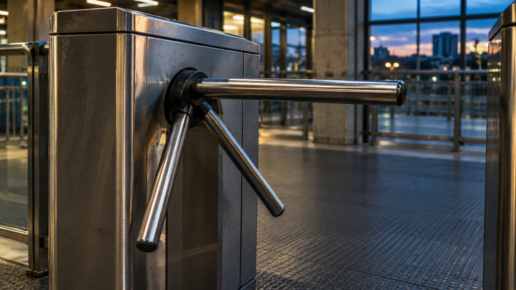An unbranded stainless-steel turnstile in a quiet station entrance at early evening.